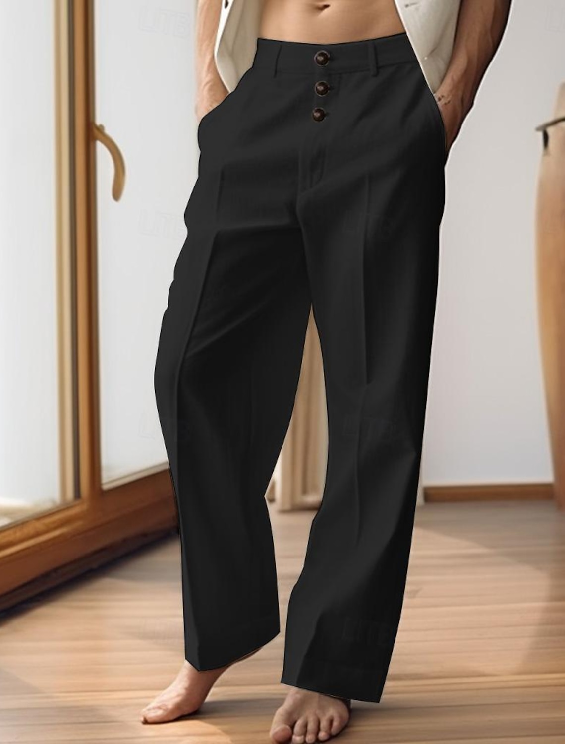 40% Linen Men's Pants Trousers Summer Pocket Buttons Straight Leg