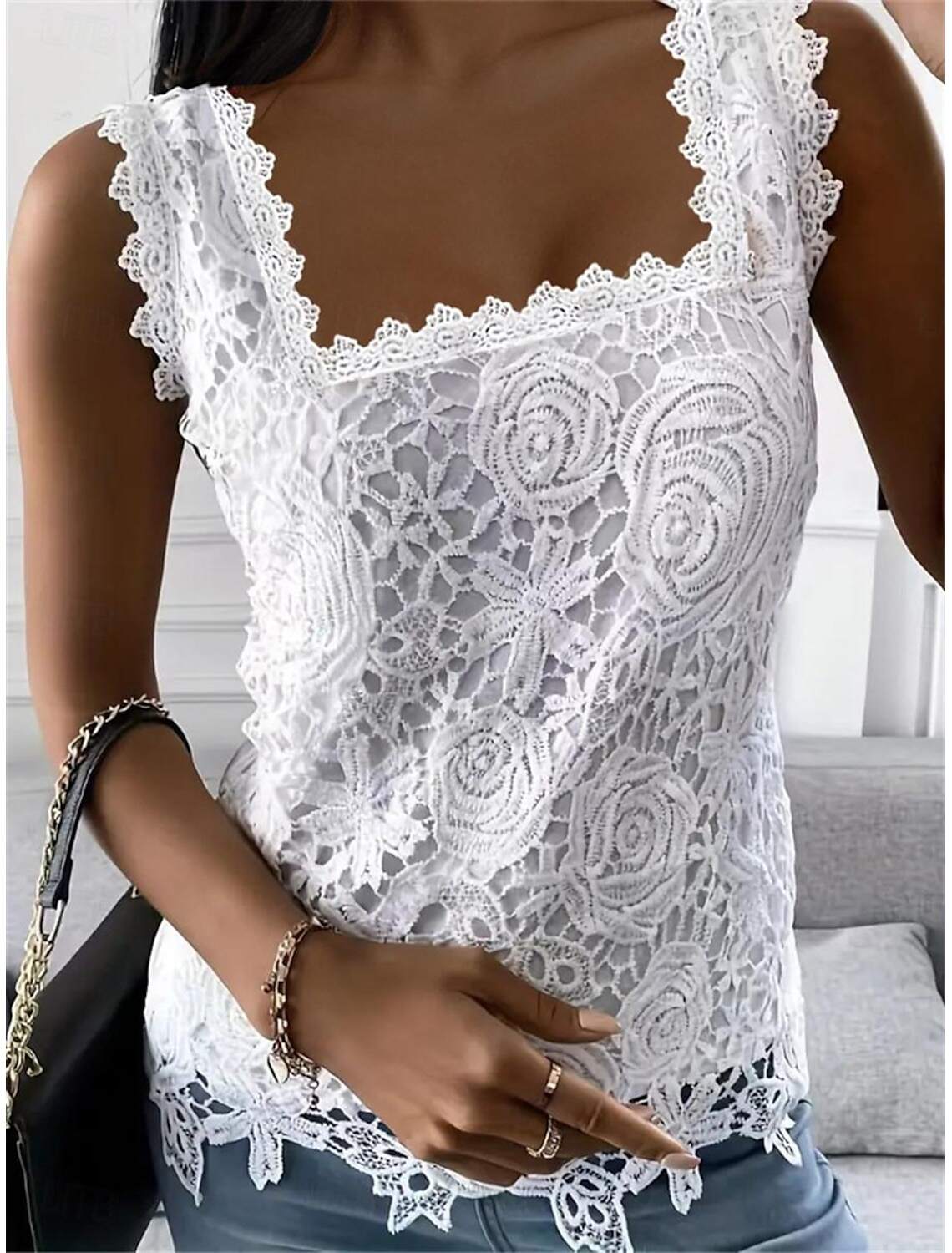 Women's Elegant Lace Tops Eyelet Blouse Sexy Sleeveless Floral Semi-Sheer Square Neckline Scalloped Trim Fashion Slim Fit Date Casual Party Romantic Petite Tops Summer Holiday Wear