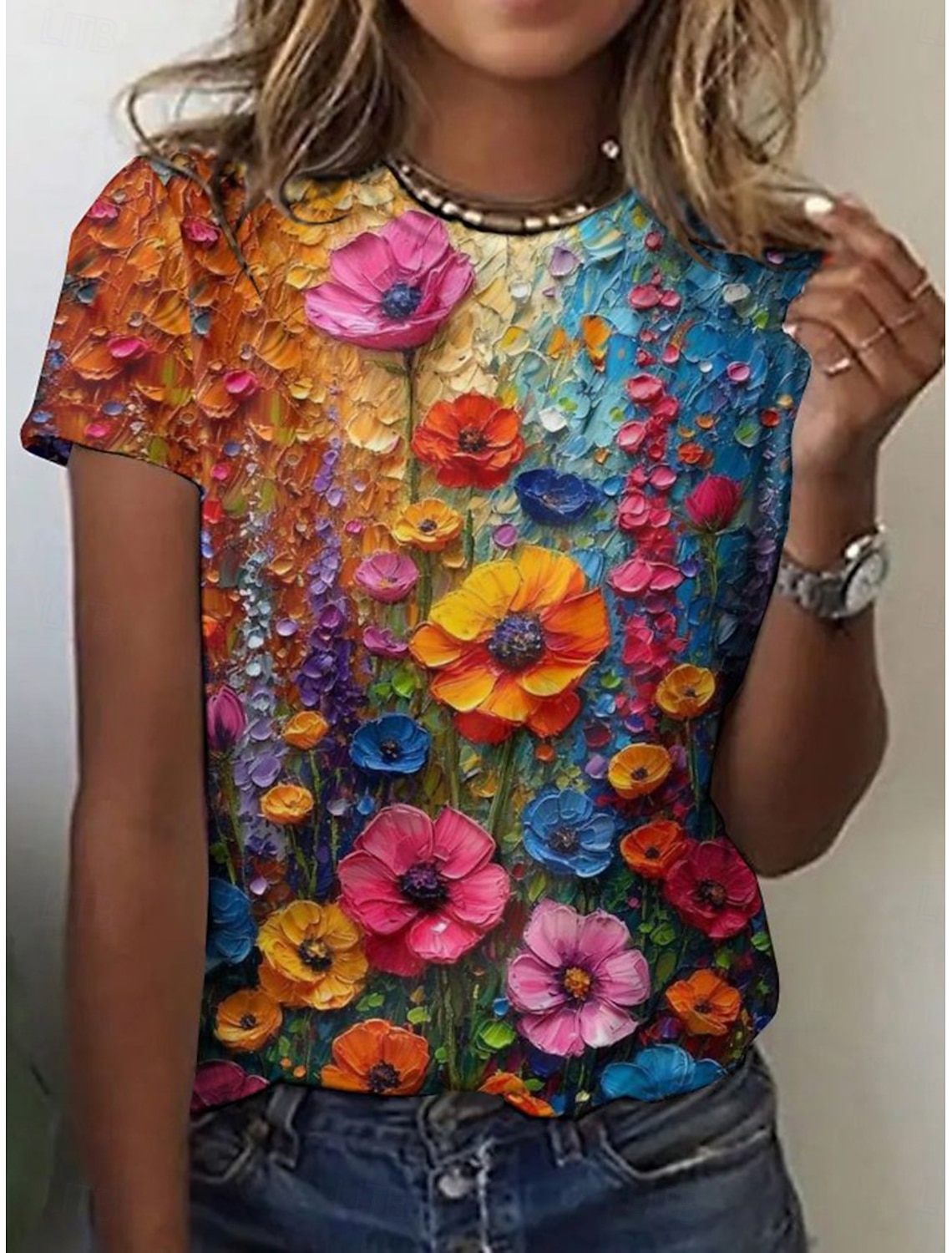 Women's T Shirt Print Floral Color Block Casual Short Sleeve Round Neck Regular Tops Daily Rainbow Summer
