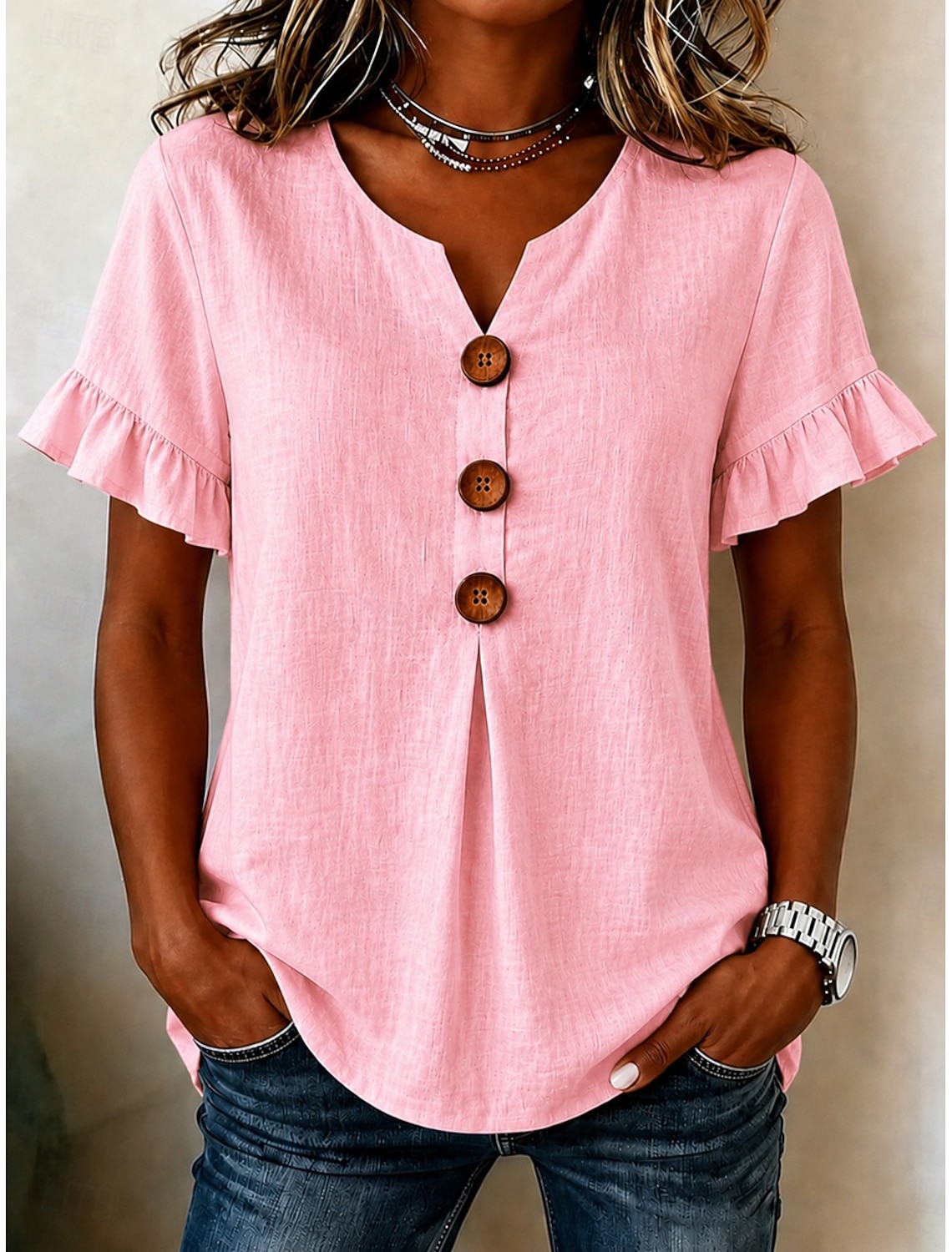 Women's Cotton Linen Blouse Buttons Solid Color Vacation Daily Casual Sleeveless 3/4 Length Sleeve V Neck Regular Tops Casual Daily Going out Khaki Red Orange Green Summer Spring Fall
