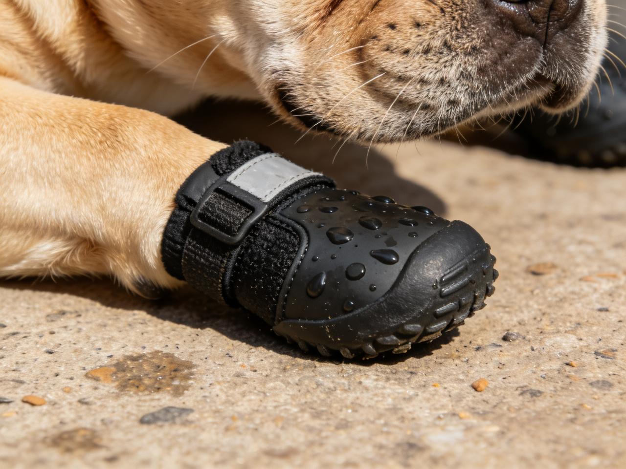 Close-up of a Frenchie&rsquo;s paw wearing a waterproof bootie.