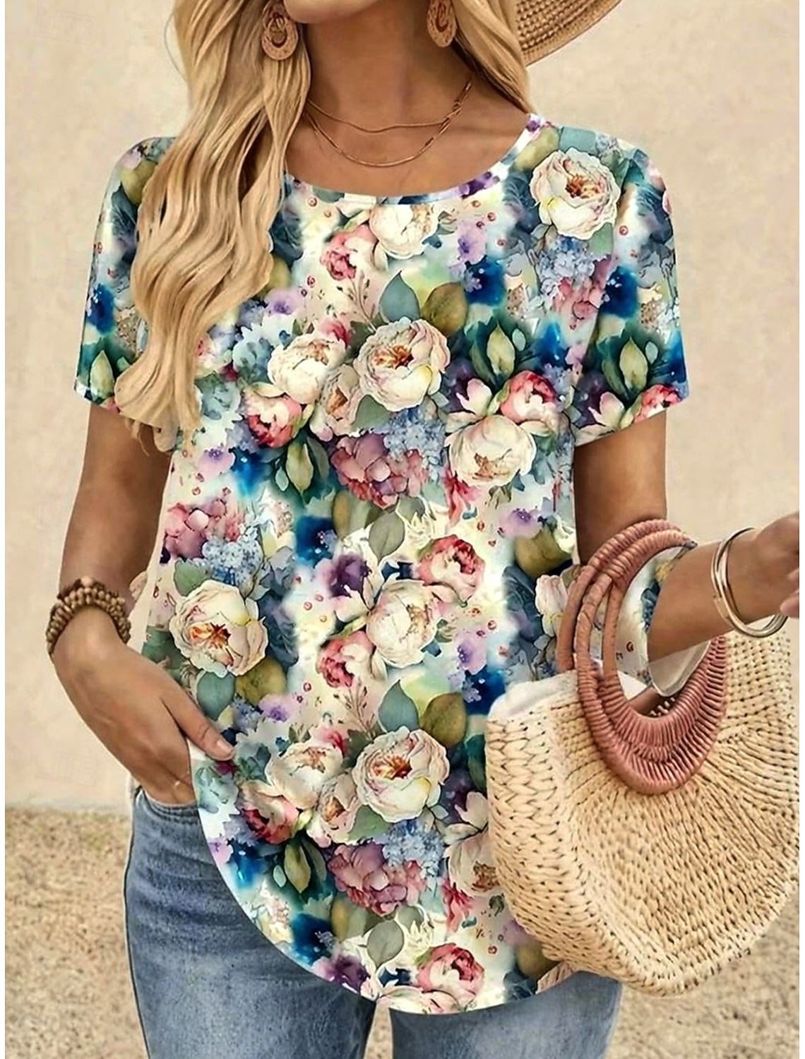 Mardi Gras Women's T Shirt Print Floral Graphic Plants Stylish Classic Casual Short Sleeve Crew Neck Long Tops Daily Blue Light Beige White Pink Light Purple Summer Spring