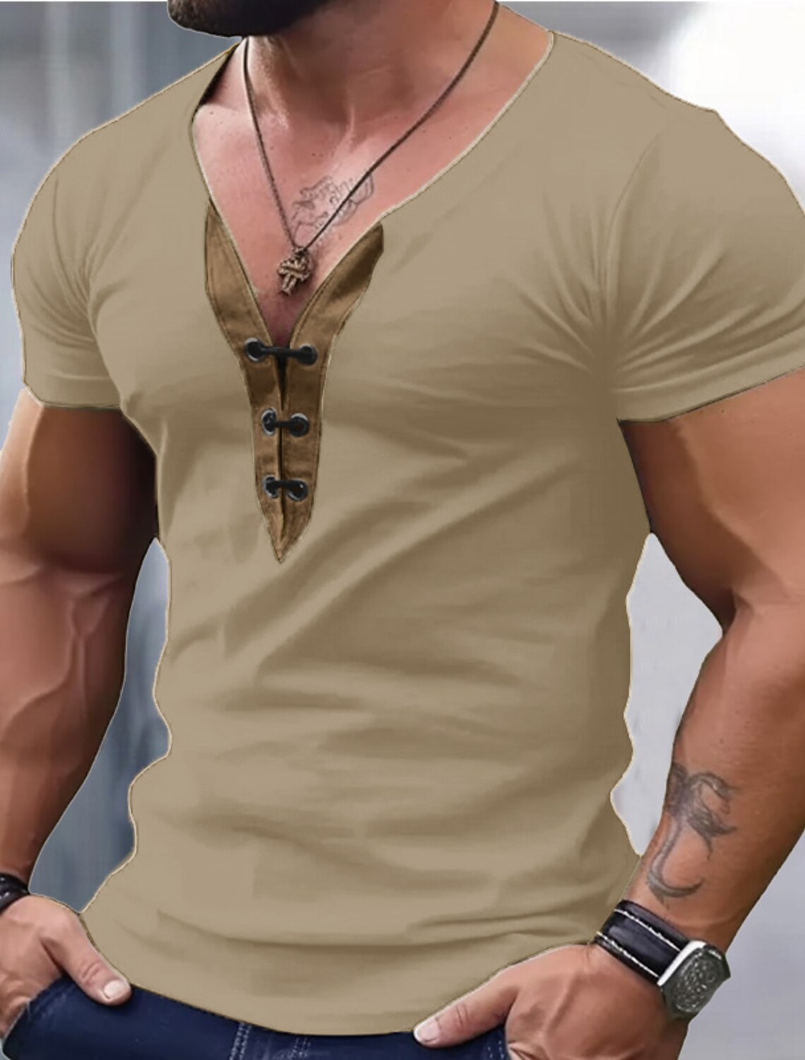 Men's T Shirt Tee Top Long Sleeve V Neck Spring & Summer Plain Fashion
