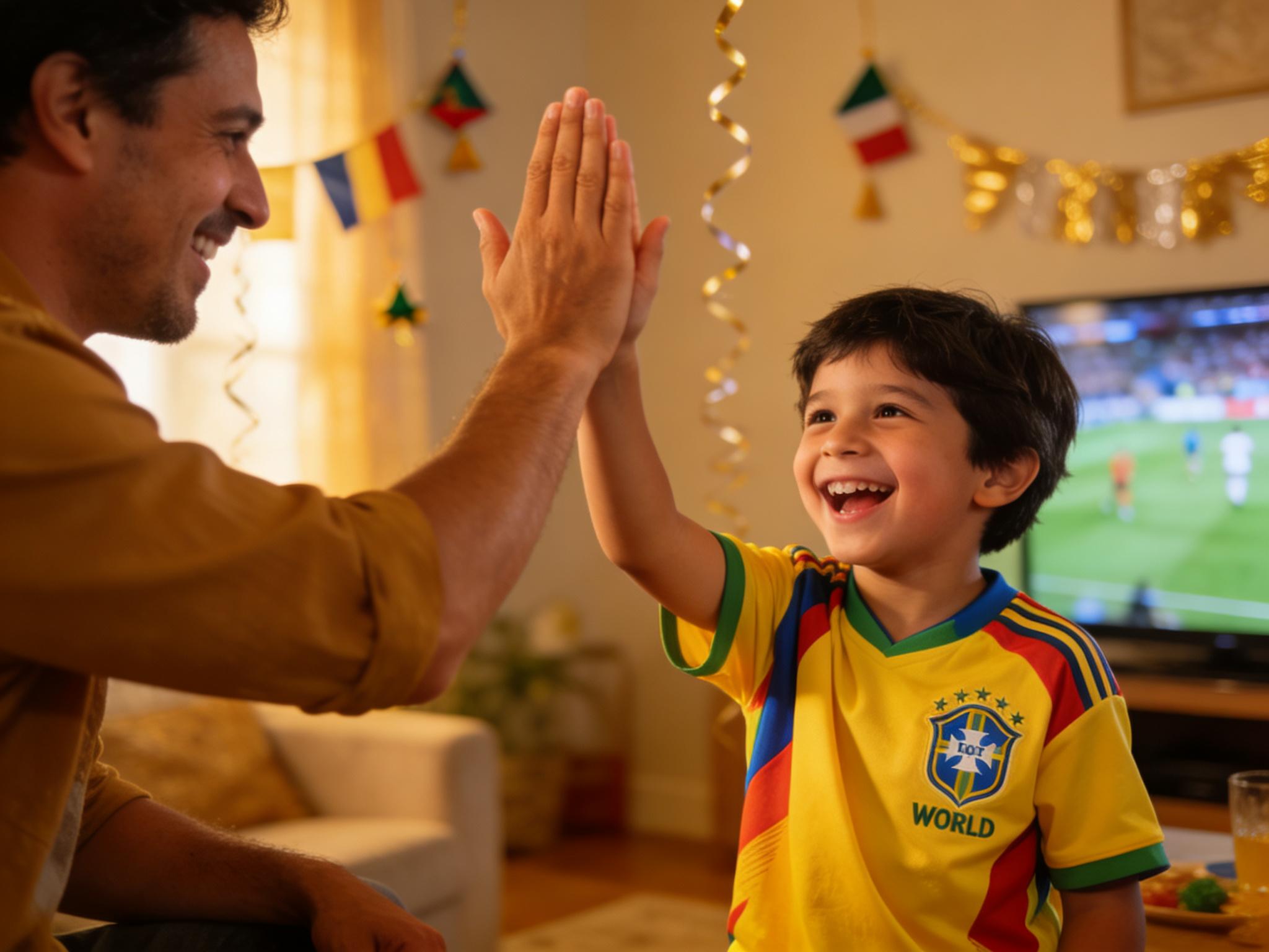 A joyful, well-composed photo of a child wearing a World Cup jersey, smiling and celebrating, perhaps high-fiving a parent or kicking a ball. The background should feel like a home viewing party or a park.