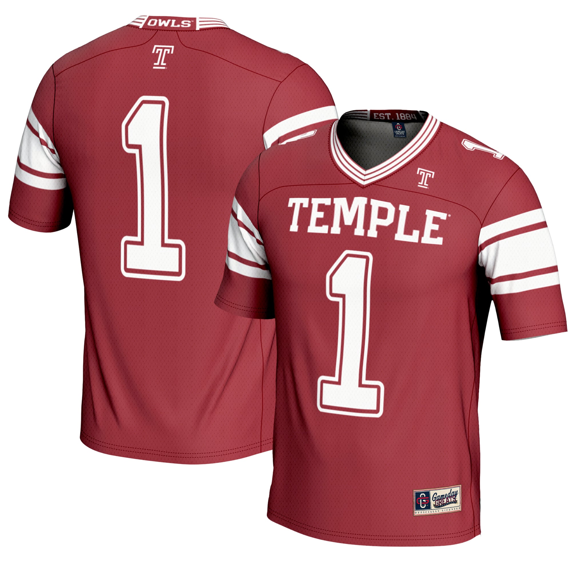 Men's #1 Cherry Temple Owls Endzone Football Jersey