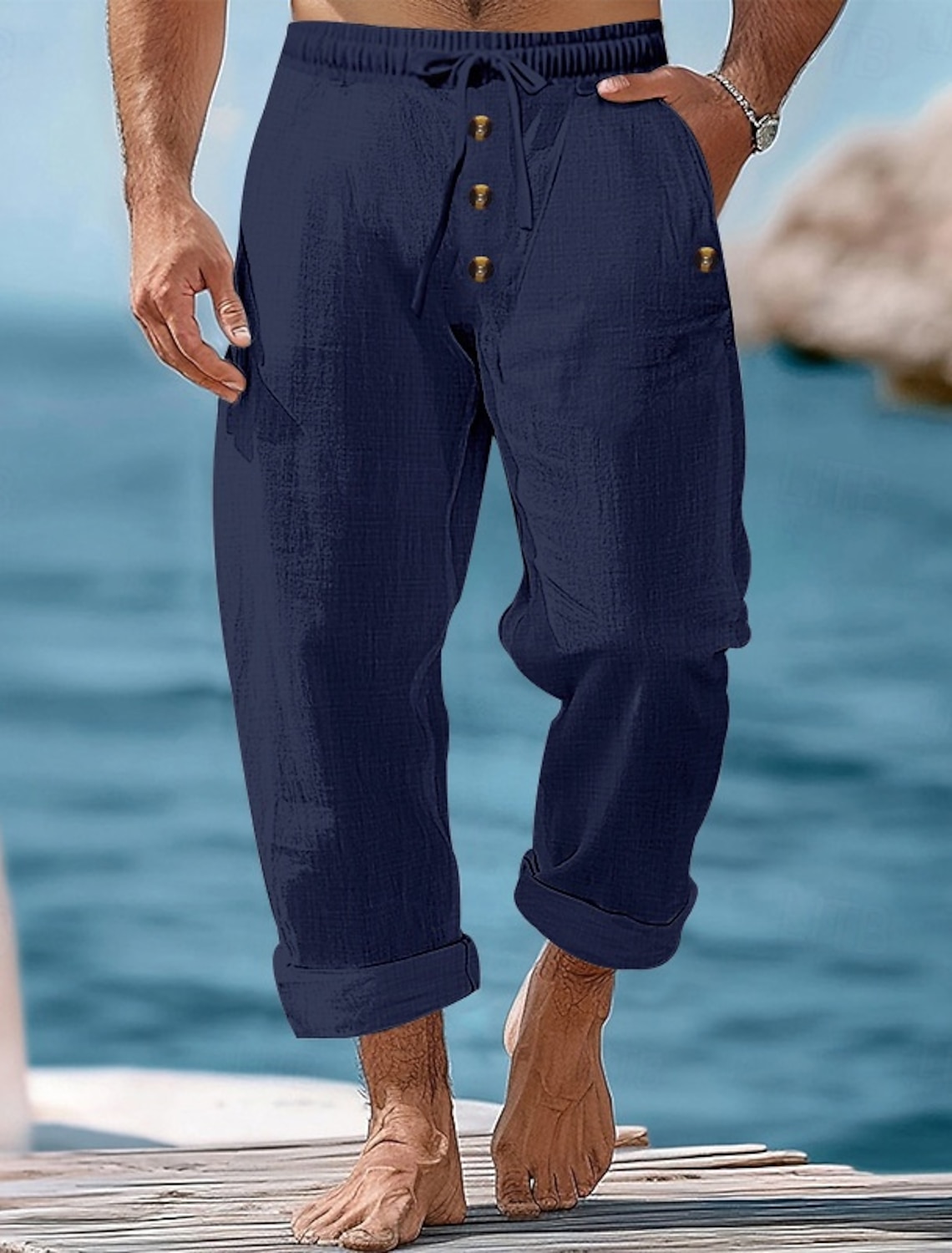 Men's Linen Pants Trousers Summer Pants Beach Pants Drawstring Elastic Waist Buttons Plain Comfort Breathable Full Length Casual Daily Holiday Vacation Fashion Khaki Black