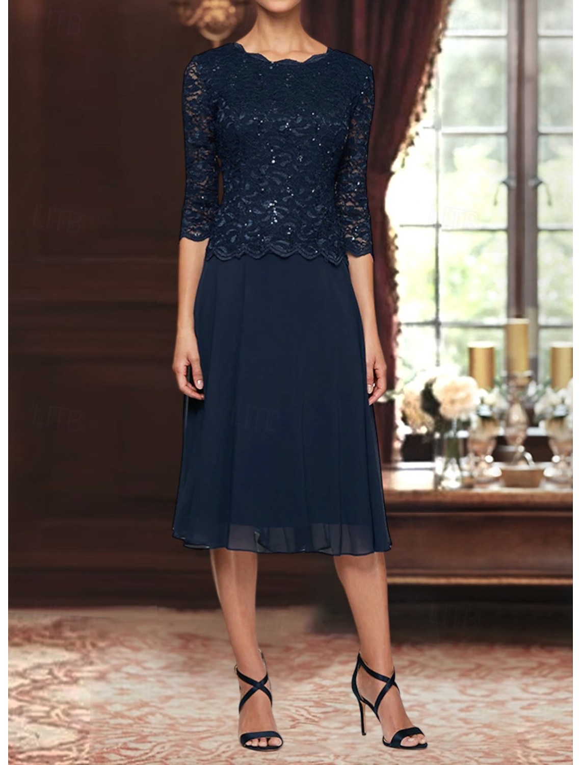 A-Line Knee Length Party Dress Cocktail Dress Wedding Guest Dress Mother of the Bride Dress 3/4 Length Sleeve Boat Neck Elegant Simple Minimalist Formal Wedding Guest Chiffon Lace with Lace Sequin