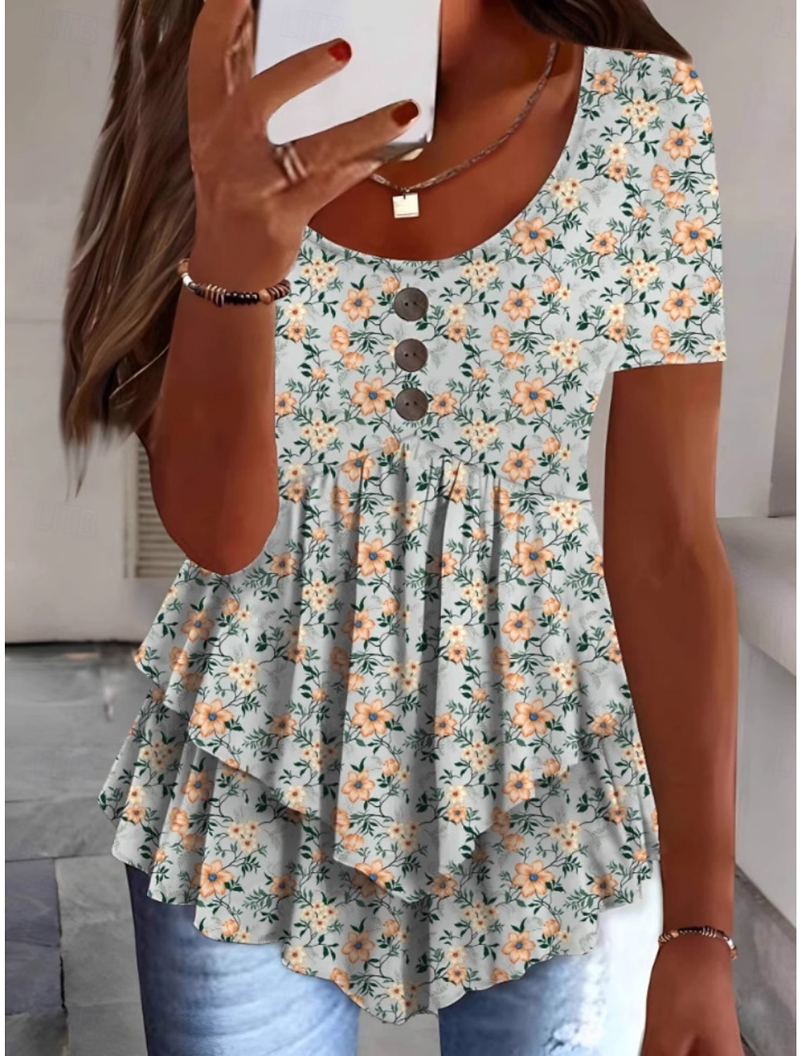 Women's Blouse Peplum Floral Stylish Casual Short Sleeve Crew Neck Regular Tops Daily Ruffle Buttons Print White Pink Red Navy Blue Blue Summer Spring
