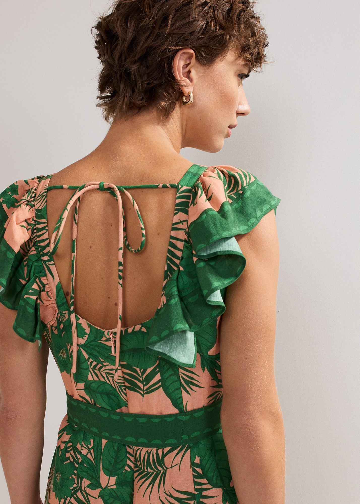 Sandra Frill Sleeve Palm Midi Dress