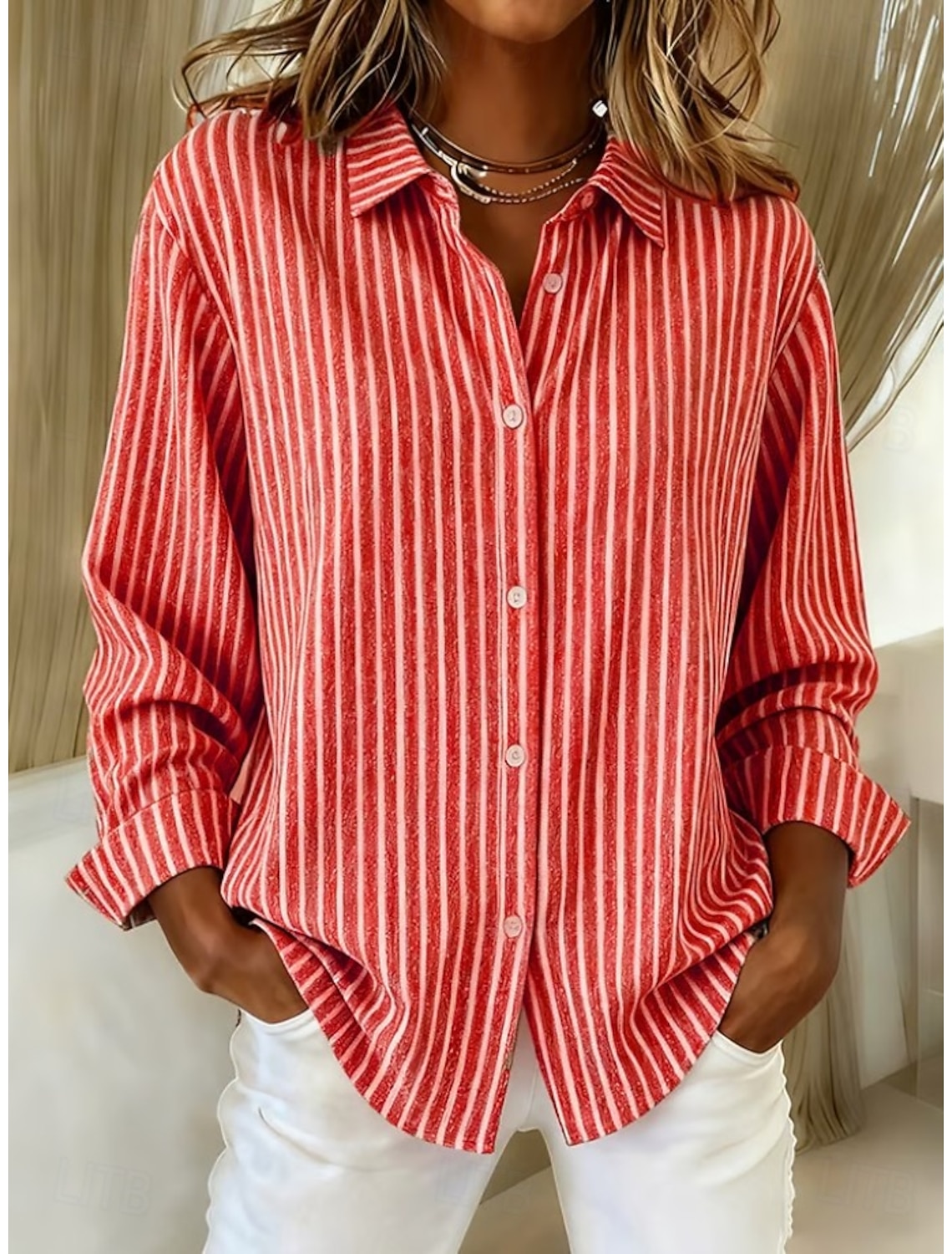 Women's Shirt Blouse Buttons Print Striped Vintage Stylish Casual Long Sleeve Shirt Collar Regular Tops Daily Blue Red Light Brown Orange Gray Spring Fall Winter