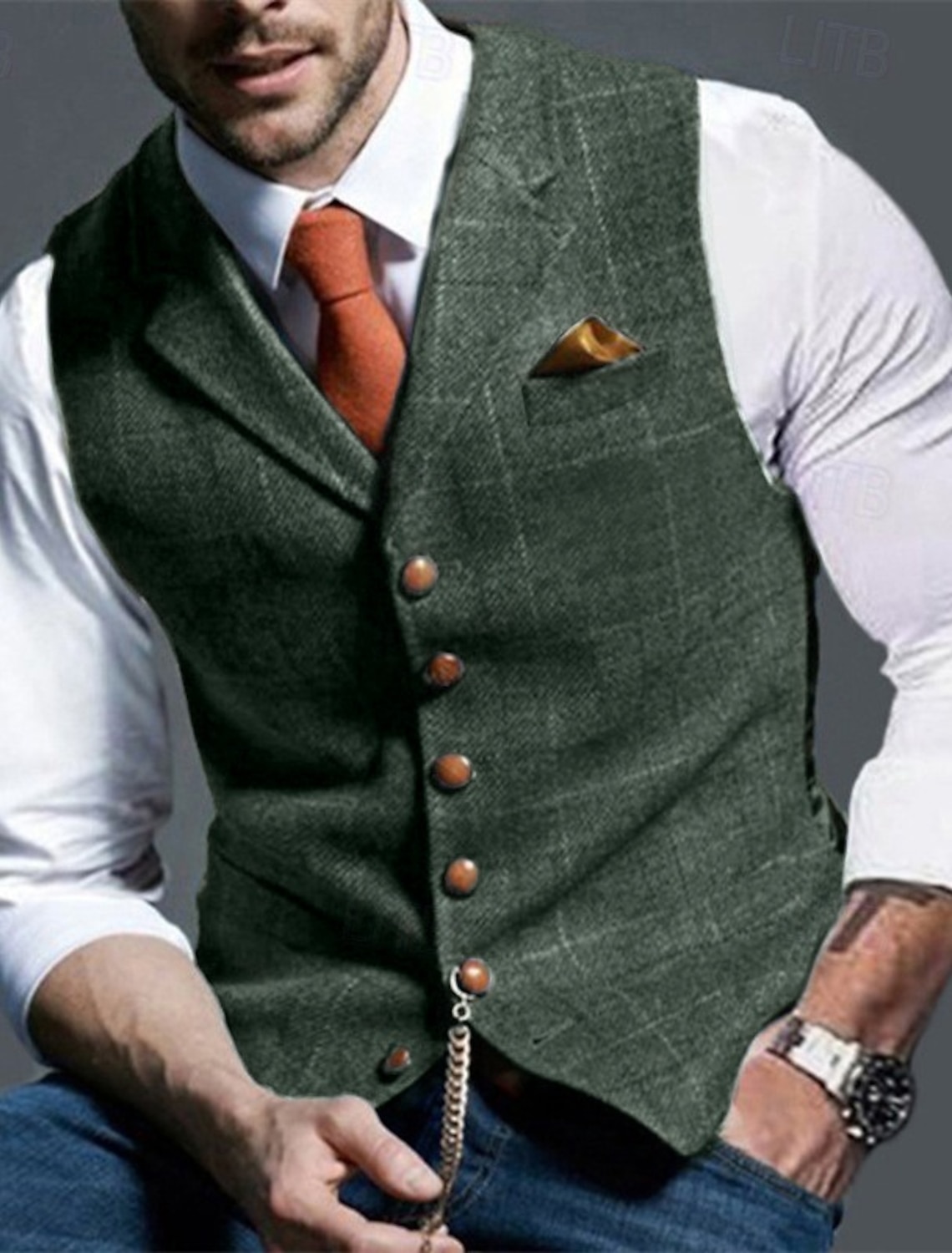Men's Vest Tweed Vest Waistcoat Vintage Fashion Spring & Fall Buttons Wool Blend Comfortable Plain Single Breasted V Neck Regular Fit Deep Green Navy Dark Gray Light Grey Vest