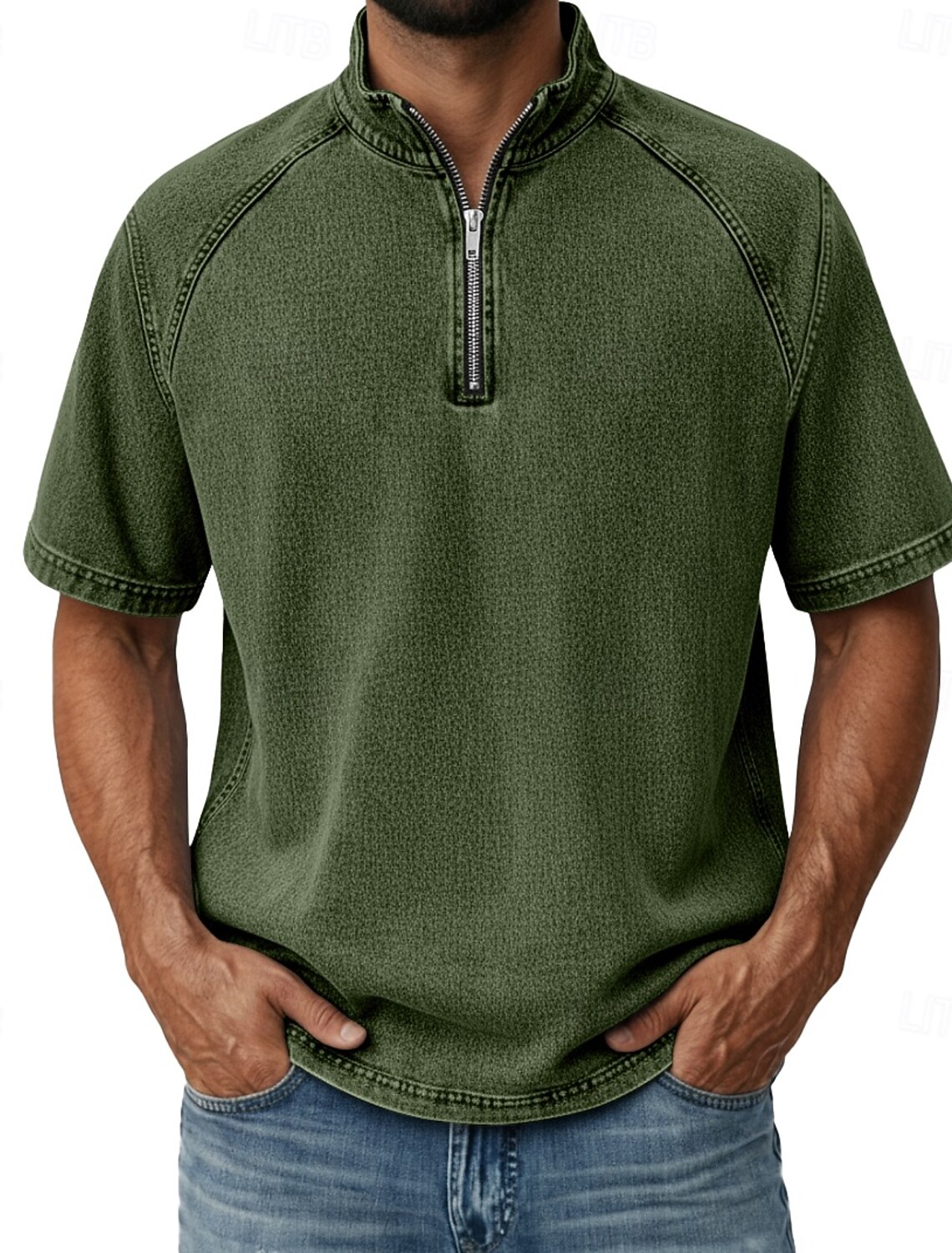 Men's Denim Shirt 100% Cotton Acid Wash Tee Top Short Sleeve Stand