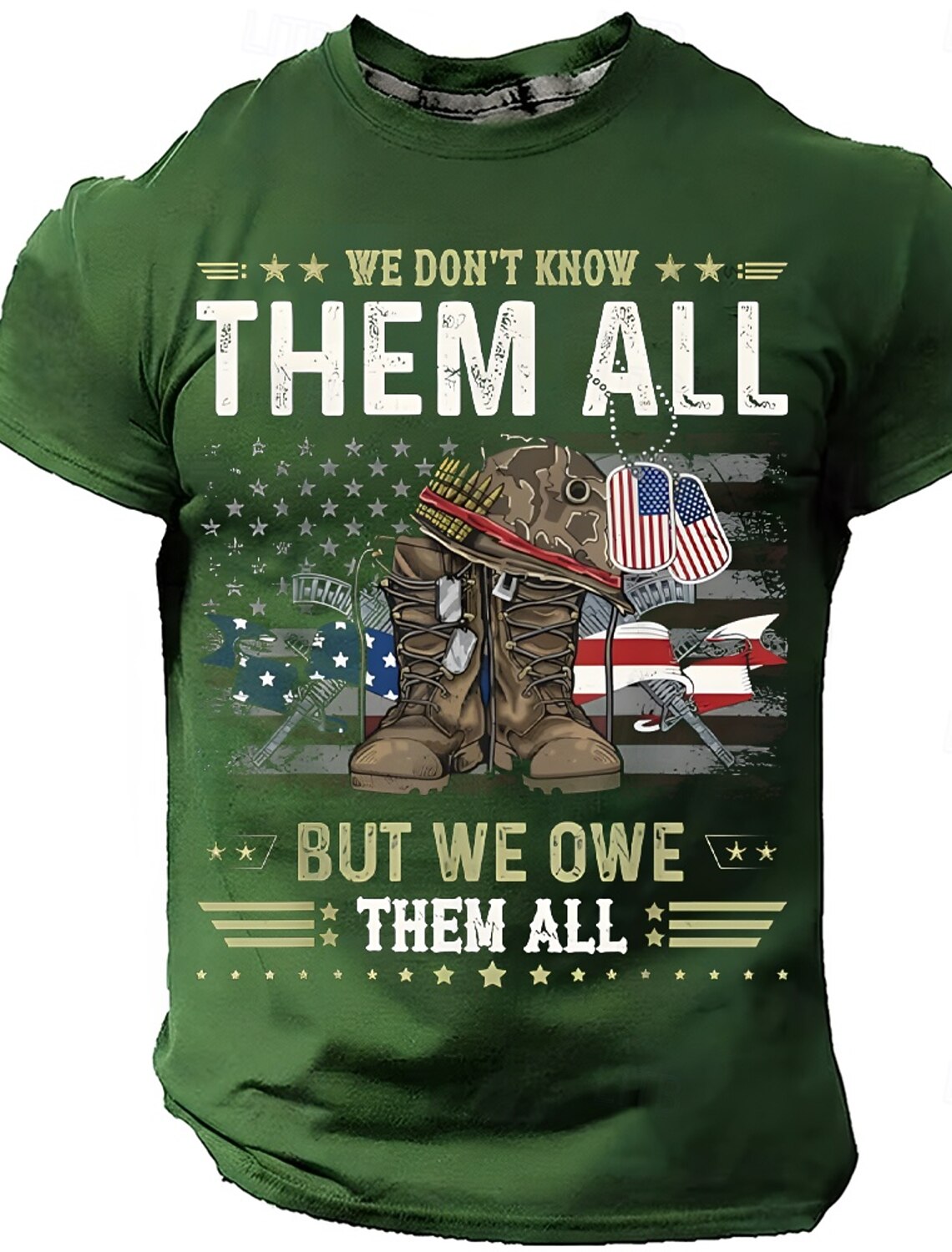 Memorial Day We Don't Know Them All But We Owe Them All Men's Combat Boots Dog Tags American Flag Patriotic Graphic T Shirt Distressed Vintage Short Sleeve Tee Designer Clothing Apparel S M L XL XXL X