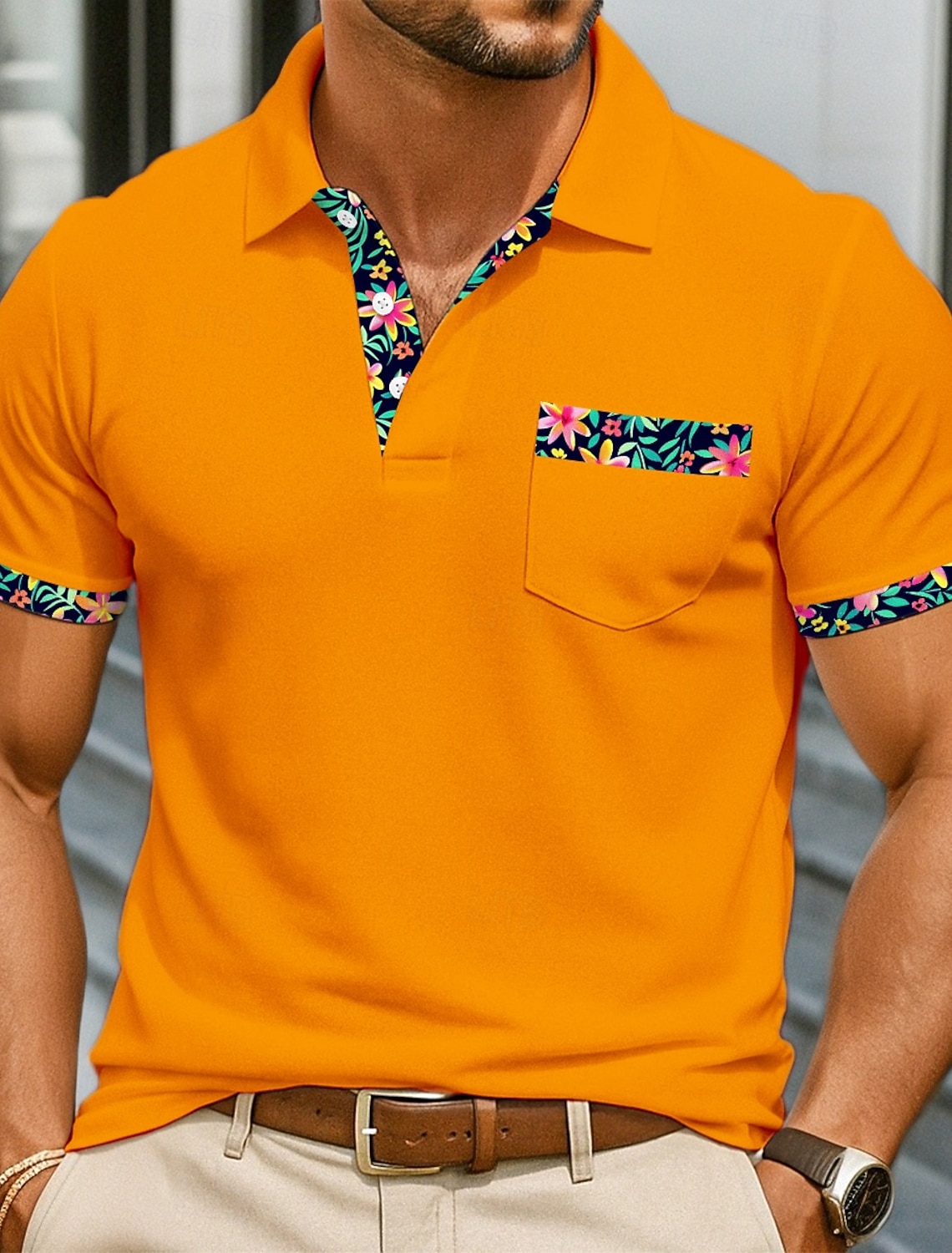 Men's Polo Shirts Golf Shirt Casual Sports Classic Short Sleeve Fashion Cool Color Block Buttons Summer Spring & Fall Regular Fit Orange Polo Shirts