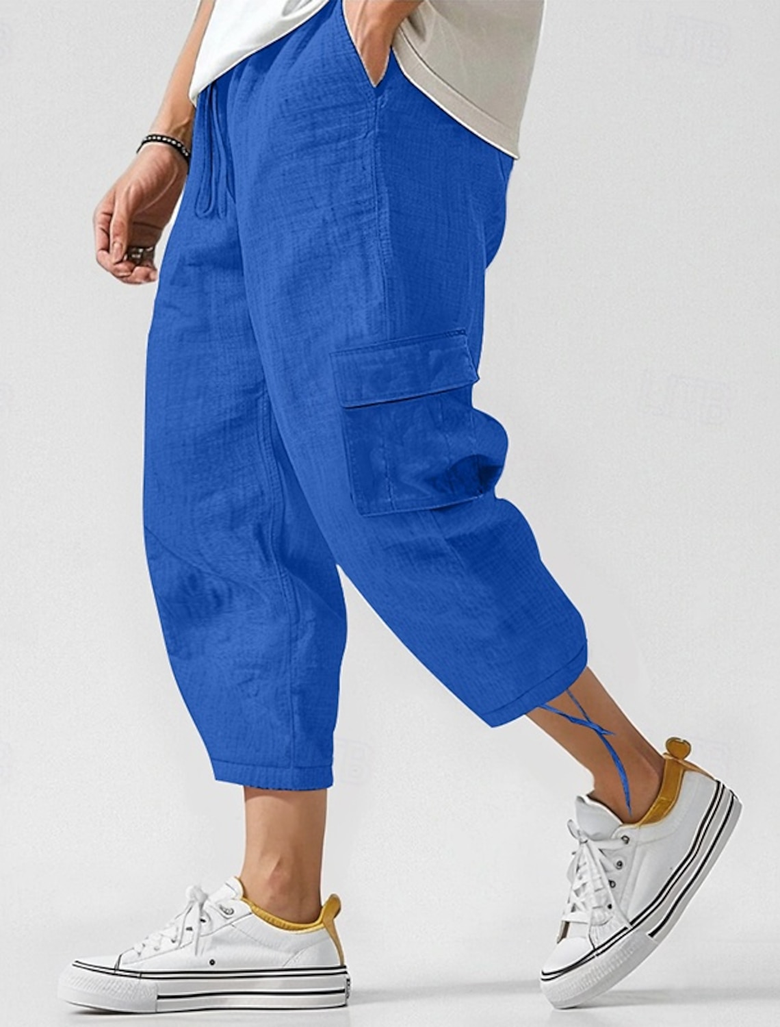Men's Cargo Pants Linen Trousers Summer Beach Drawstring Elastic Waist