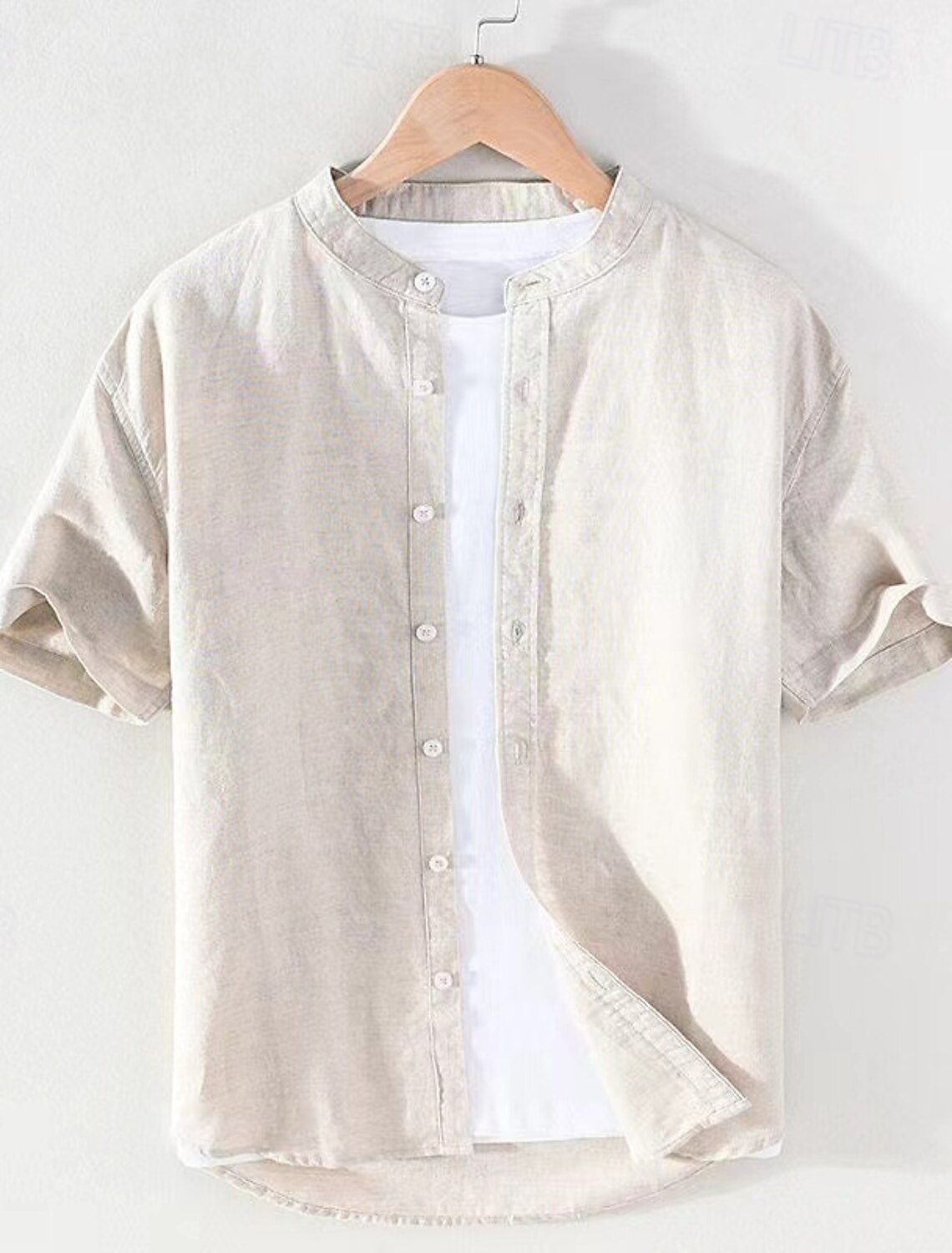 Men's Shirt Chinese Collar Shirt Mandarin Collar Shirt Casual Shirt Button Up Shirt Cotton Shirt Plain Vacation Street White Navy Blue Khaki Light Grey Short Sleeve Grandad Collar Summer Clothing