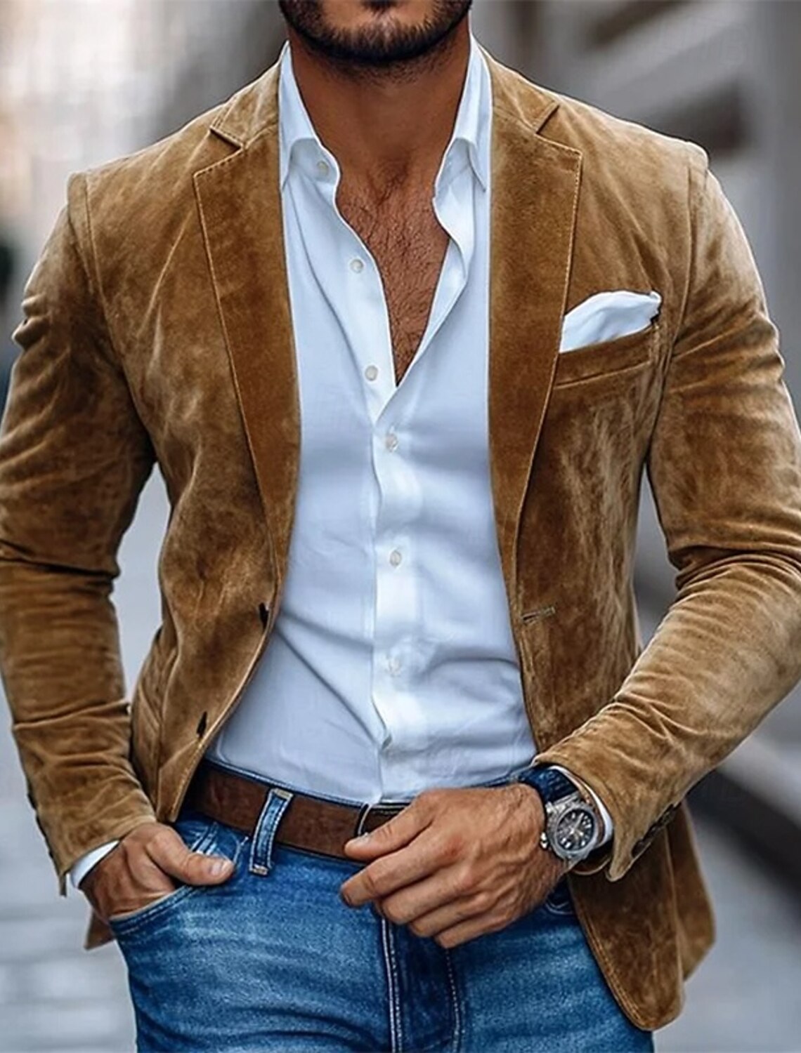 Men's Faux Suede Blazer Jacket Casual Business Work Elegant Vintage