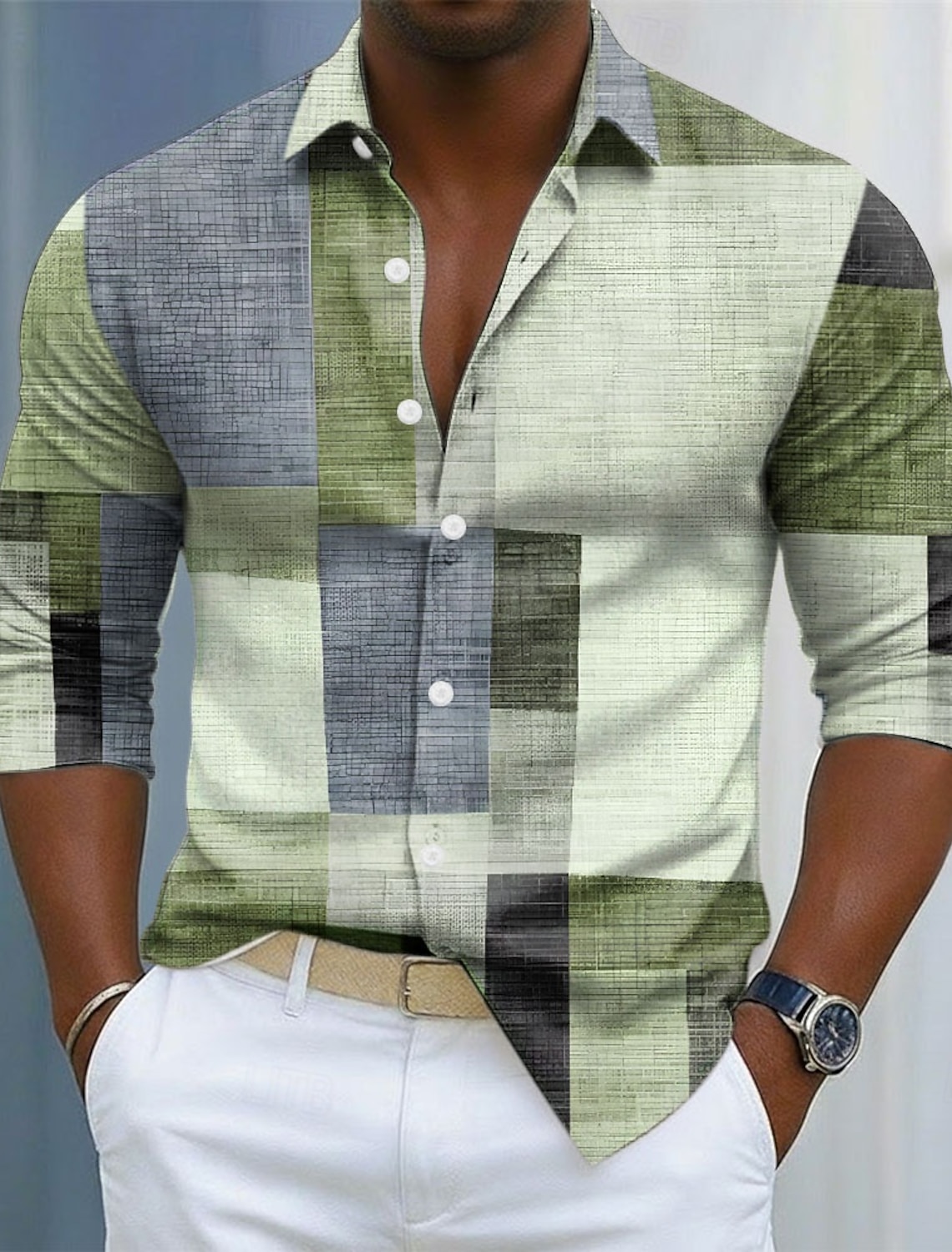 Men's Geometric Color Block Patchwork Shirt Button Up Long Sleeve