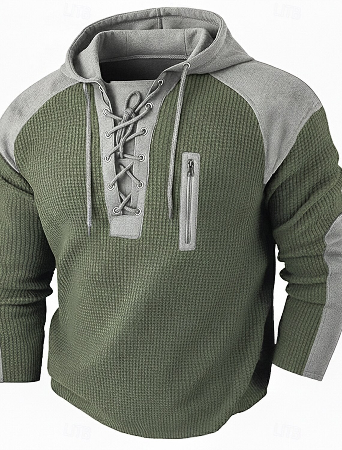Men's Waffle T-shirt T Shirt Henley Long Sleeve Hooded Lace Up Neck