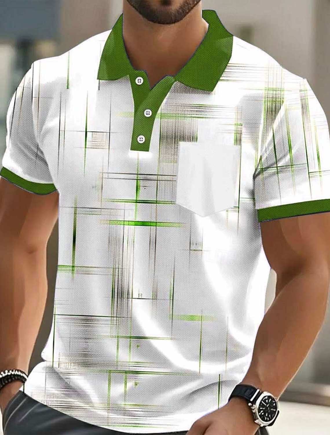 Men's Geometic Line Polo Short Sleeve Shirts Collared Business Casu #1
