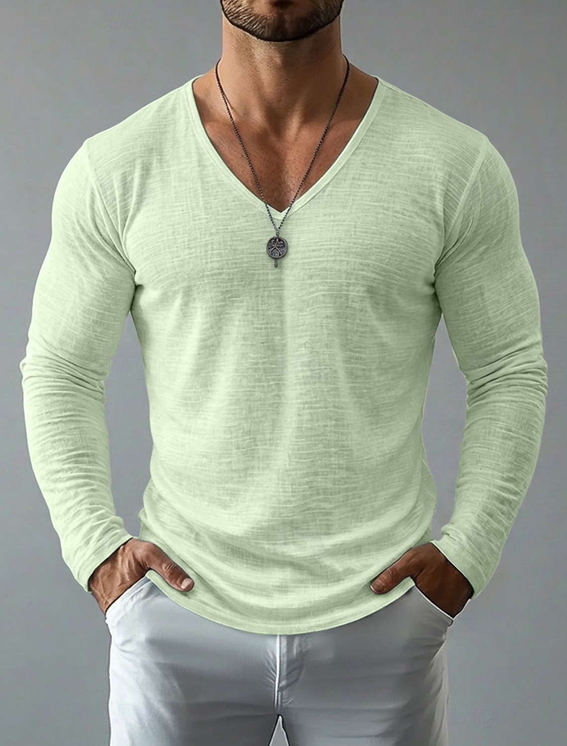 Men's Tee Top Linen T-Shirt Long Sleeve V Neck Spring & Summer Summer Spring Solid Color Daily Casual Street Style Plain Casual Outdoor Street Blue Lake blue Black Top Tee for Men