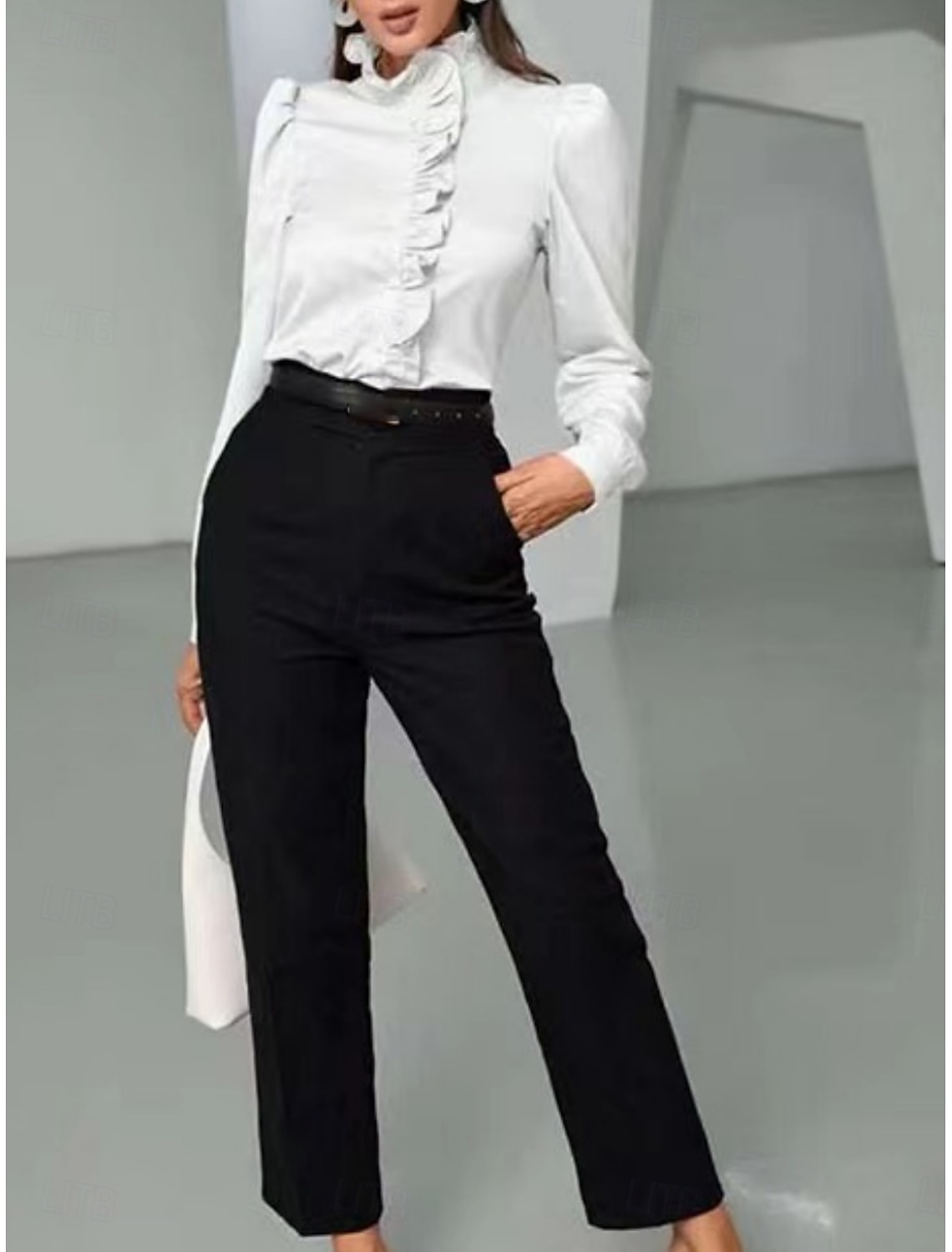 Women's Shirt Blouse Business Modern Casual Solid Color Regular Tops Long Sleeve Turtleneck Ruffle Buttons Regular Fit Work Formal Wear Summer Spring