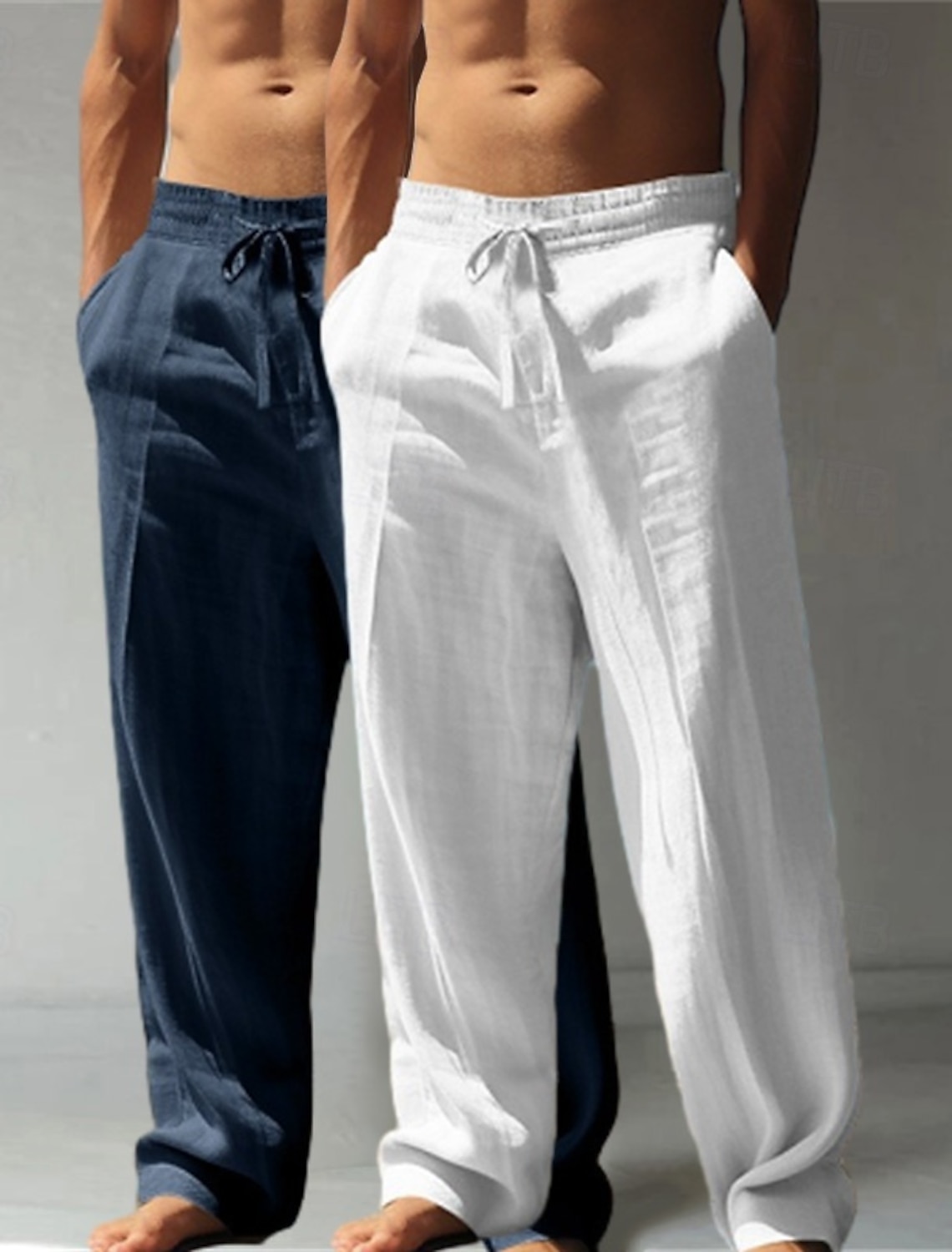Men's Linen Pants Trousers Summer Baggy Beach Drawstring Elastic Waist