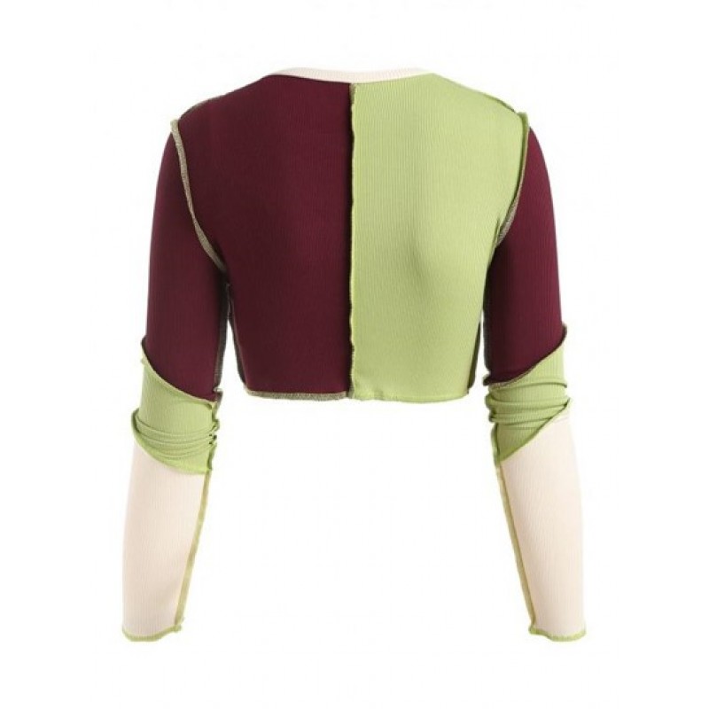 Cropped Ribbed Topstitching Patchwork Long Sleeve Top FK3075