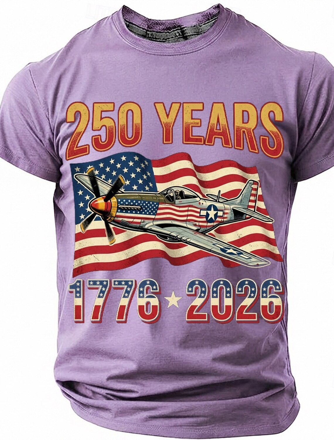 250th Anniversary July 4th 2026 Men's 250 Years 1776-2026 P-51 Mustang Fighter Plane Graphic T Shirt Short Sleeve Crew Neck Patriotic USA Flag Aviation Veteran Gift Designer Clothing Apparel