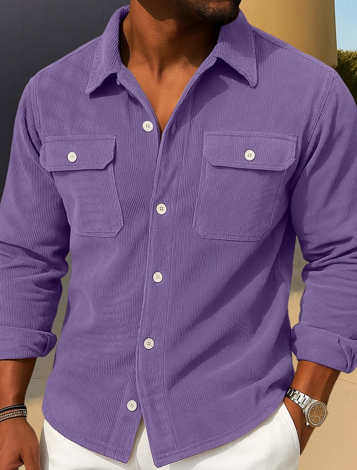 Men's Corduroy Shirt Black Purple Brown Gray Long Sleeve Plain