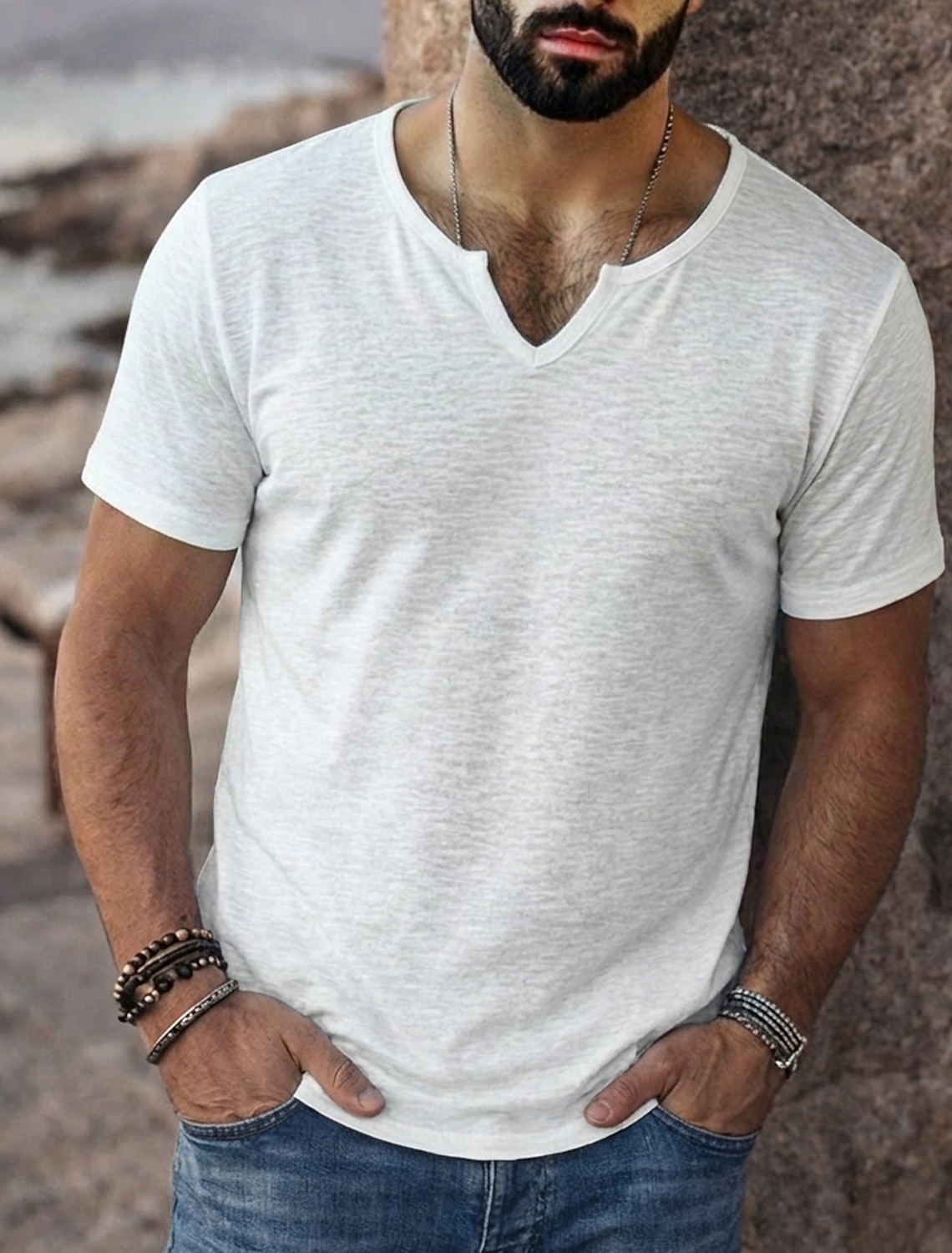 Men's T Shirt Short Sleeve Shirt Tee Top Linen T-Shirt Short Sleeve V Neck Summer Spring Solid Color Plain Pit Strip Streetwear Stylish Casual Plain Casual Daily Outdoor Black White Purple Top Tee