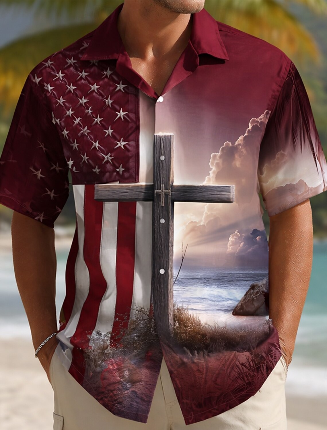 Men's 4th of July U.S. 250th Anniversary Cross US Flag Shirt Cuban Collar Shirt Button Up Shirt Short Sleeve Patriotic Holiday Summer Spring Camp Collar Shirt 3D Print Blue Blue red Purple Dark Blue