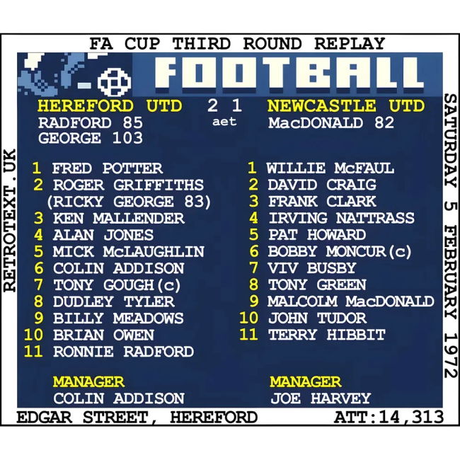 T-Shirt for 1972 Hereford Utd v Newcastle United Retrotext - White ...