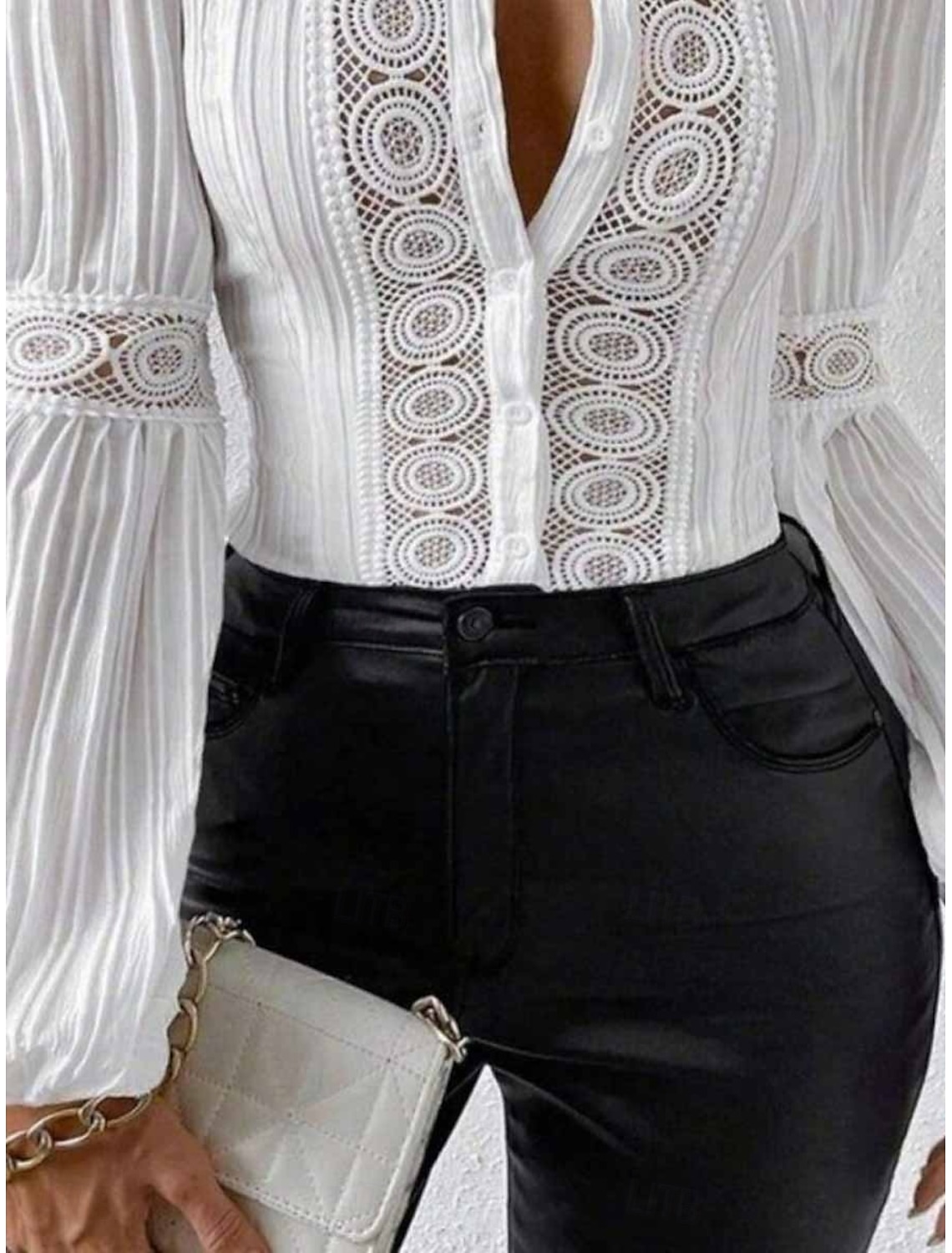 Women's Shirt Blouse Basic Casual Solid Color Regular Tops Long Sleeve V Neck Lace Patchwork Buttons Regular Fit Daily Summer Spring Fall