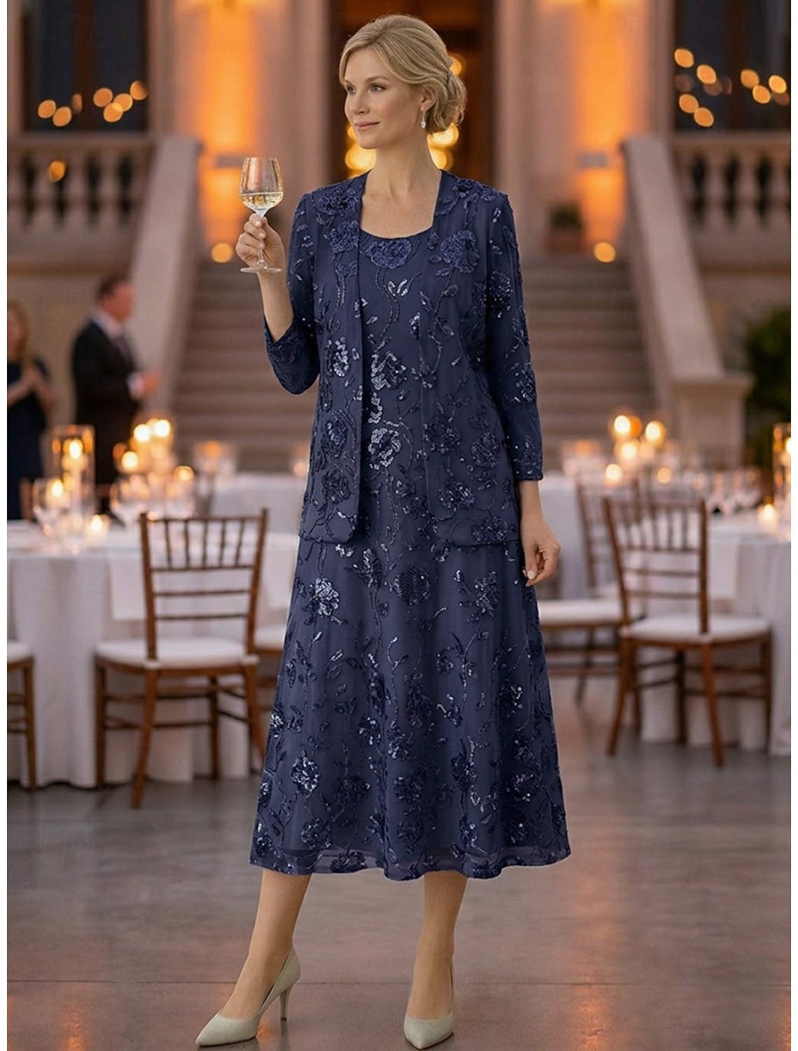 Two Piece A-Line Ankle Length Tea Length Wedding Guest Dress Mother of the Bride Dress Sleeveless Long Sleeve Scoop Neck Elegant Luxurious Sparkle & Shine Formal Wedding Guest Chiffon Sequined with