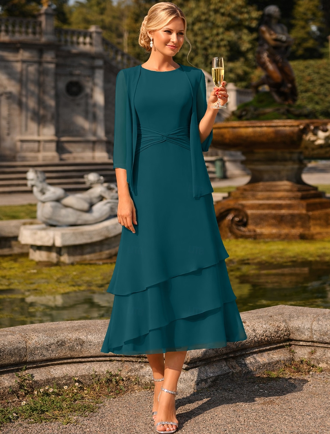 Two Piece Sheath Column Tea Length Wedding Guest Dress Mother of the Bride Dress 3/4 Length Sleeve Crew Neck Jewel Neck Elegant Wedding Guest Chiffon Wrap Included with Ruching