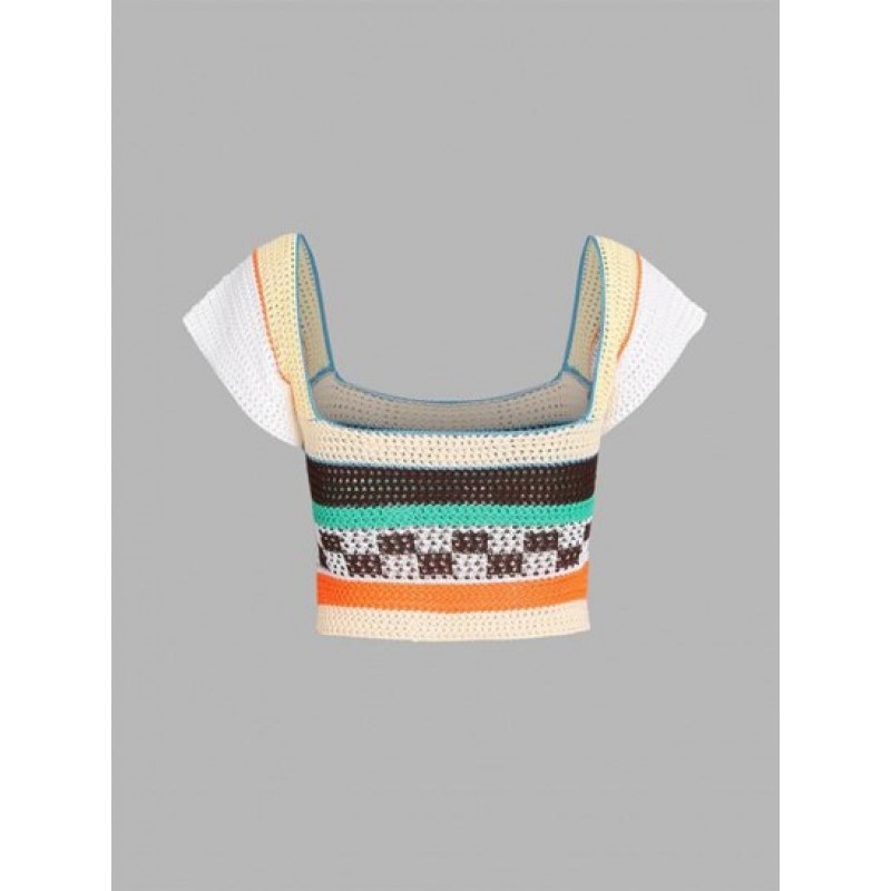 Openwork Crochet Checkered Striped Cap Sleeve Crop Top EM2890