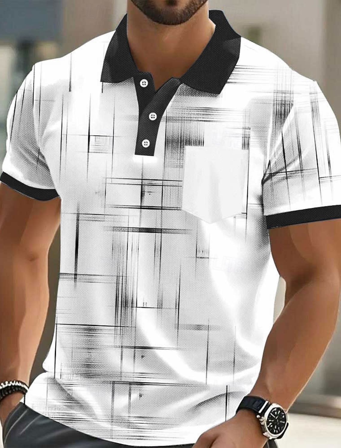 Men's Geometic Line Polo Short Sleeve Shirts Collared Business Casu #1