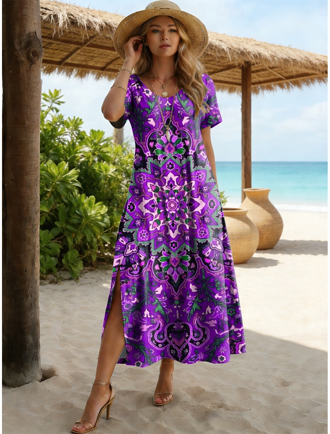 Women's Midi Dress A Line Dress Vacation Casual Beach Holiday Date Regular Fit Graphic Geometric Short Sleeve Crew Neck Blue Yellow Red Purple Summer Spring