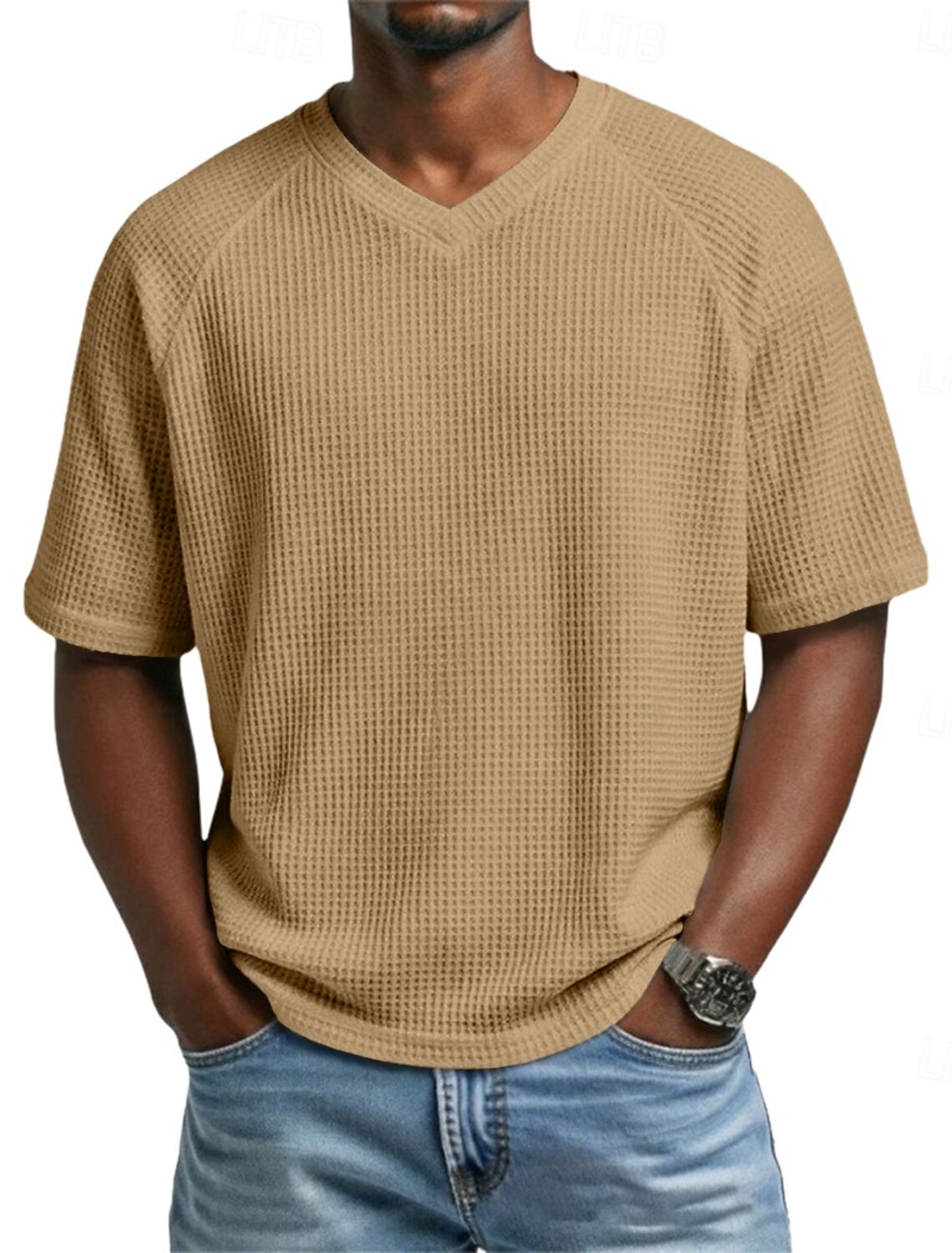 Men's Waffle T-shirt T Shirt Short Sleeve Tee Top V Neck Summer Spring