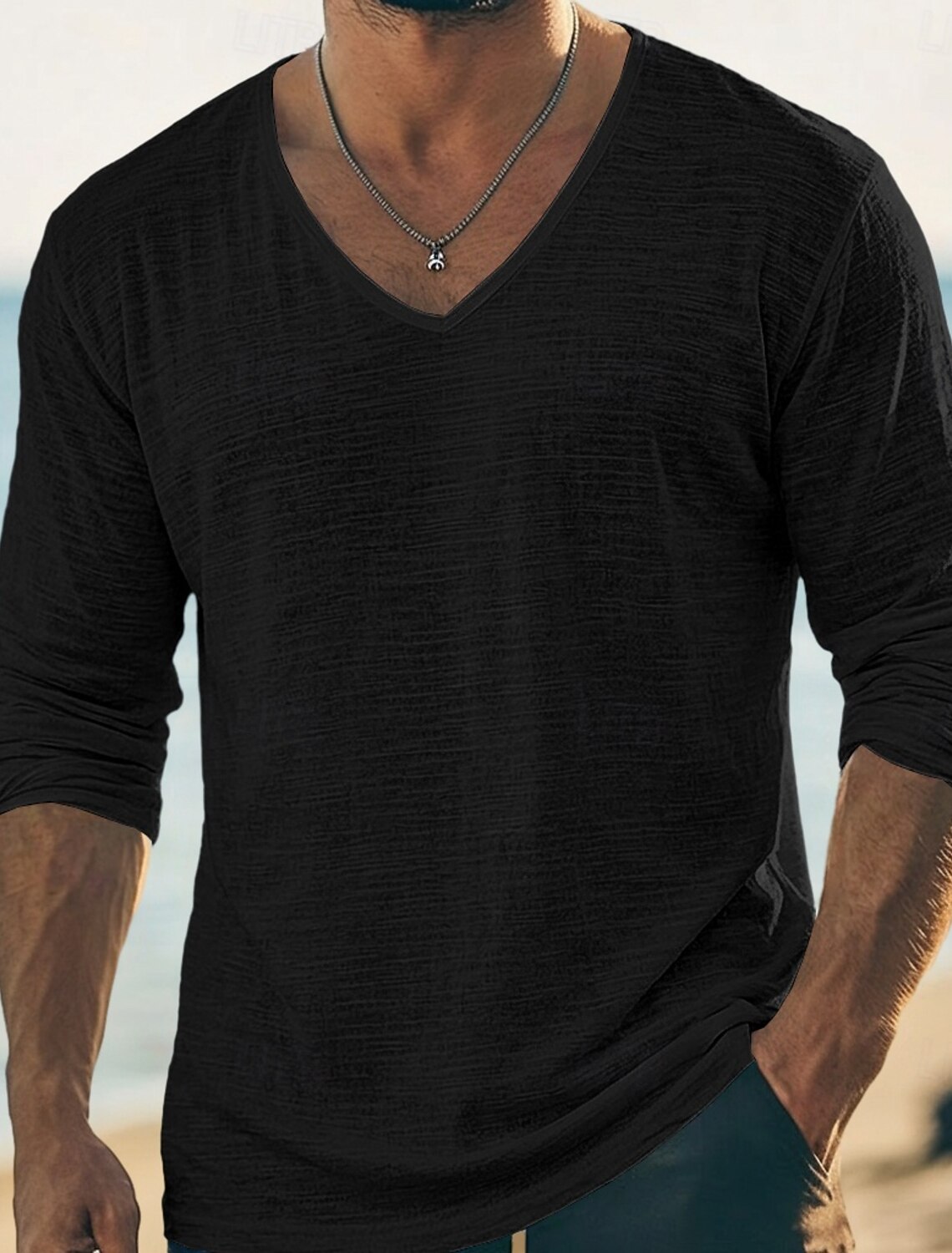 Men's Tee Top Linen T-Shirt Long Sleeve V Neck Summer Spring Solid