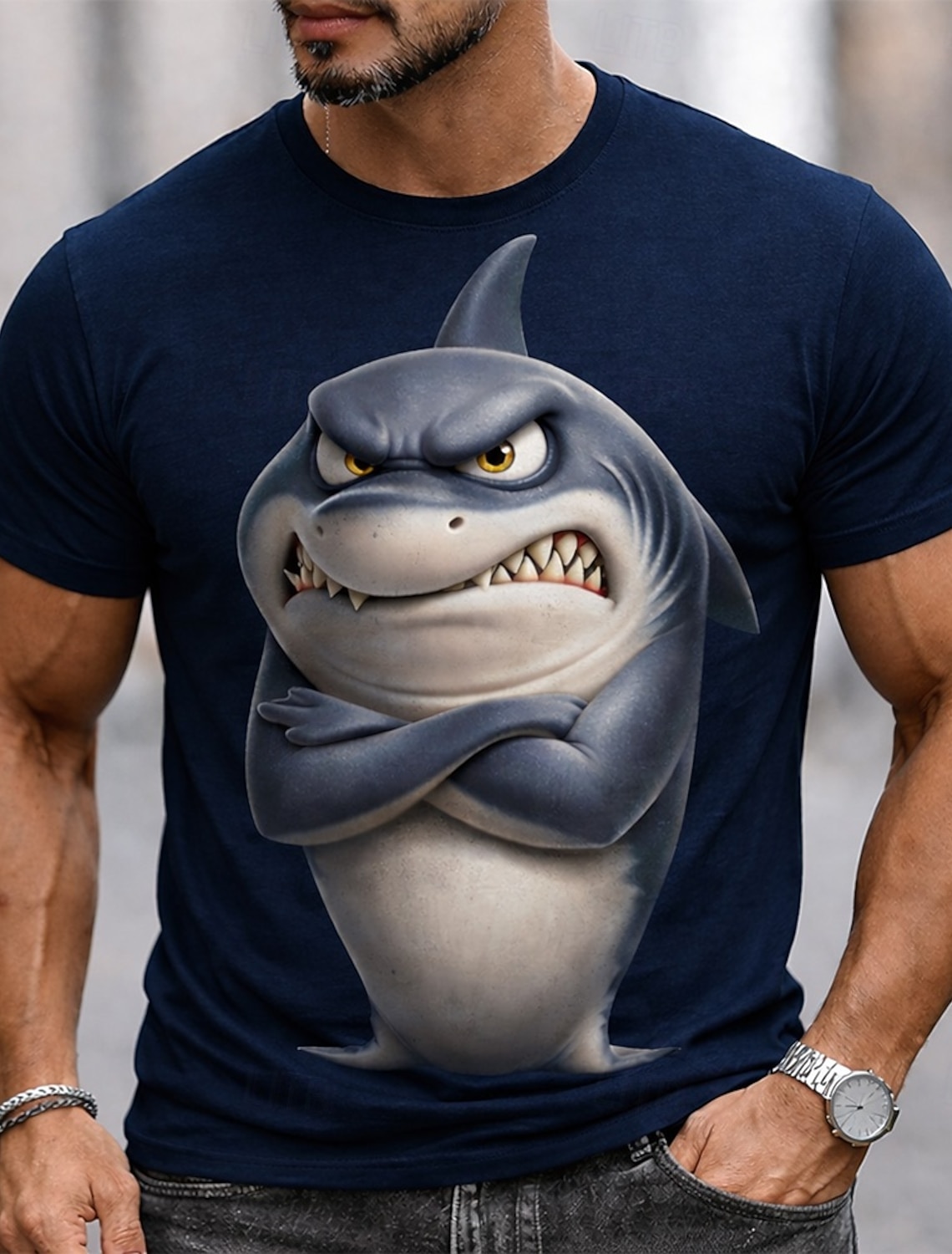 Men's Angry Shark Arms Crossed Baring Teeth Grumpy Cartoon Funny Humorous Quirky Short Sleeve T-Shirt Graphic Casual Fit Streetwear Daily Wear Designer Clothing Apparel S M L XL XXL XXXL