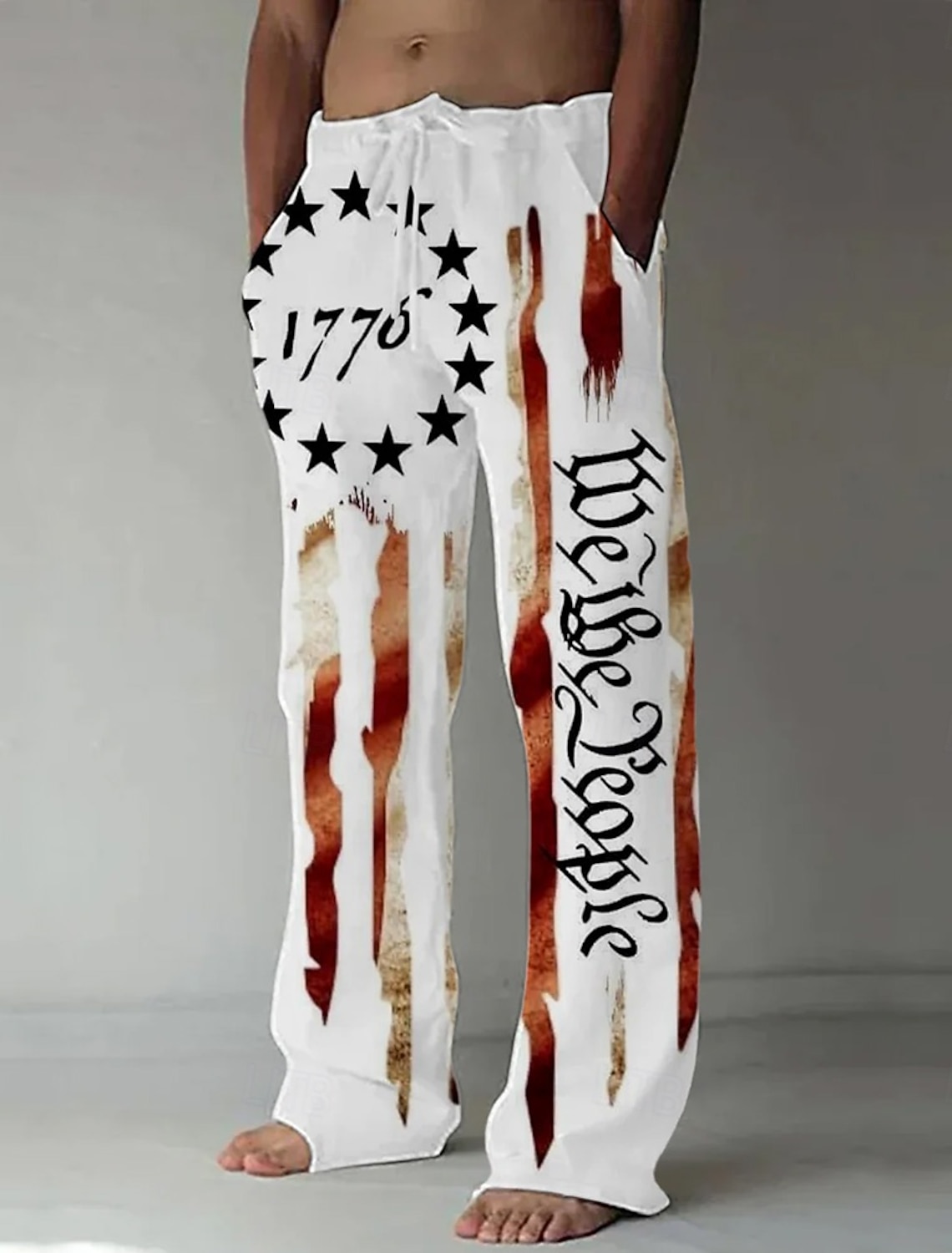 Independence Day Men's American US Flag We The People Patriotic Trousers Baggy Pants Casual Pants Mid Waist Casual Holiday Streetwear Drawstring Elastic Waist Wide Leg Summer Spring 3D Print White