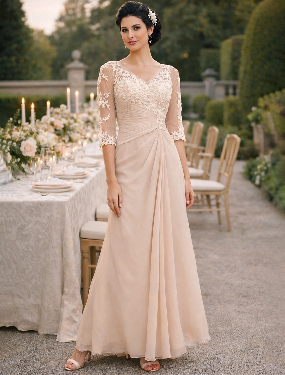 A-Line Floor Length Wedding Guest Dress Formal Dresses Evening Gown Mother of the Bride Dress Half Sleeve V Neck Elegant Plus Size See Through Wedding Guest Chiffon with Appliques Side Draping