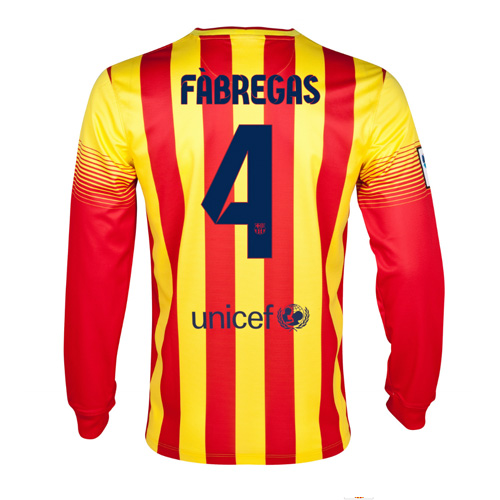13-14 Barcelona 4 Fabregas Away Long Sleeve Soccer Jersey Shirt -