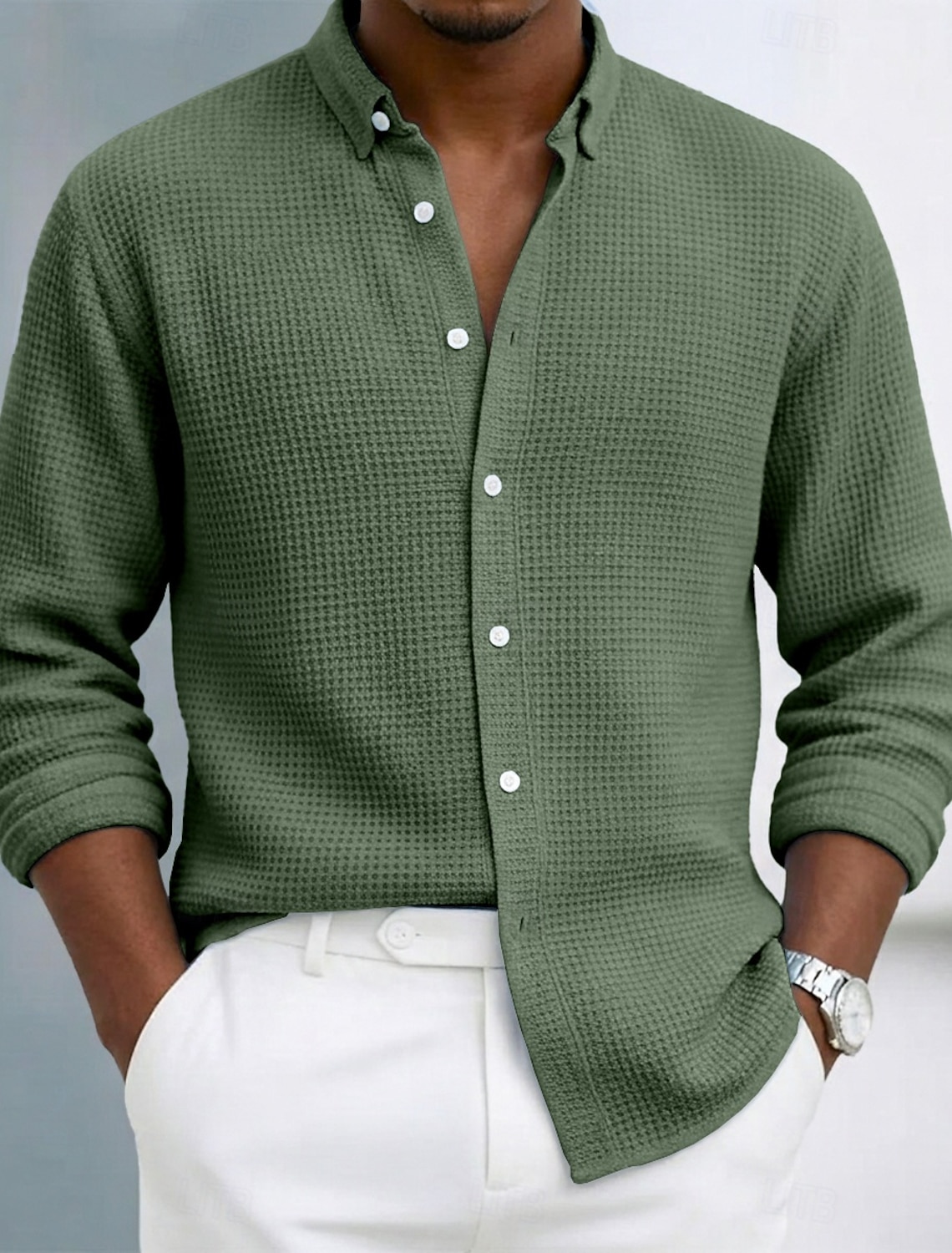 Men's Shirt Waffle Texture Casual Button Up Black White Wine Navy B #1