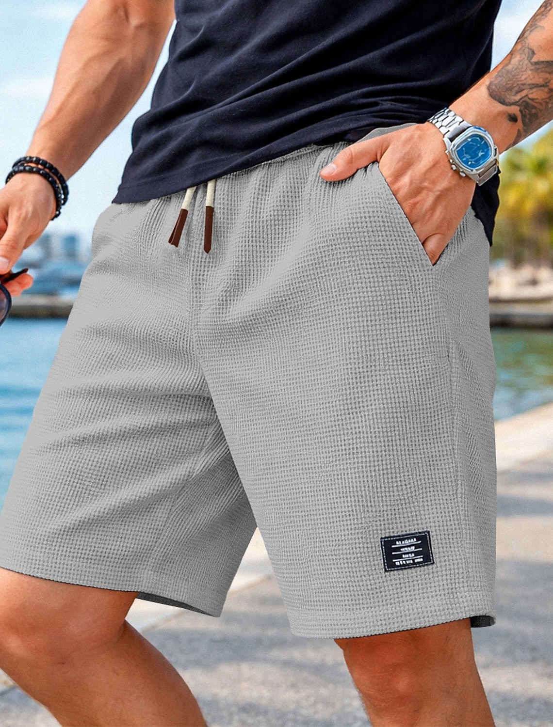 Men's Waffle Shorts Shorts Summer Shorts Casual Shorts Drawstring Pocket Elastic Waist Plain Solid Comfort Breathable Knee Length Casual Outdoor Vacation Sport Casual Wine Navy Blue Micro-elastic