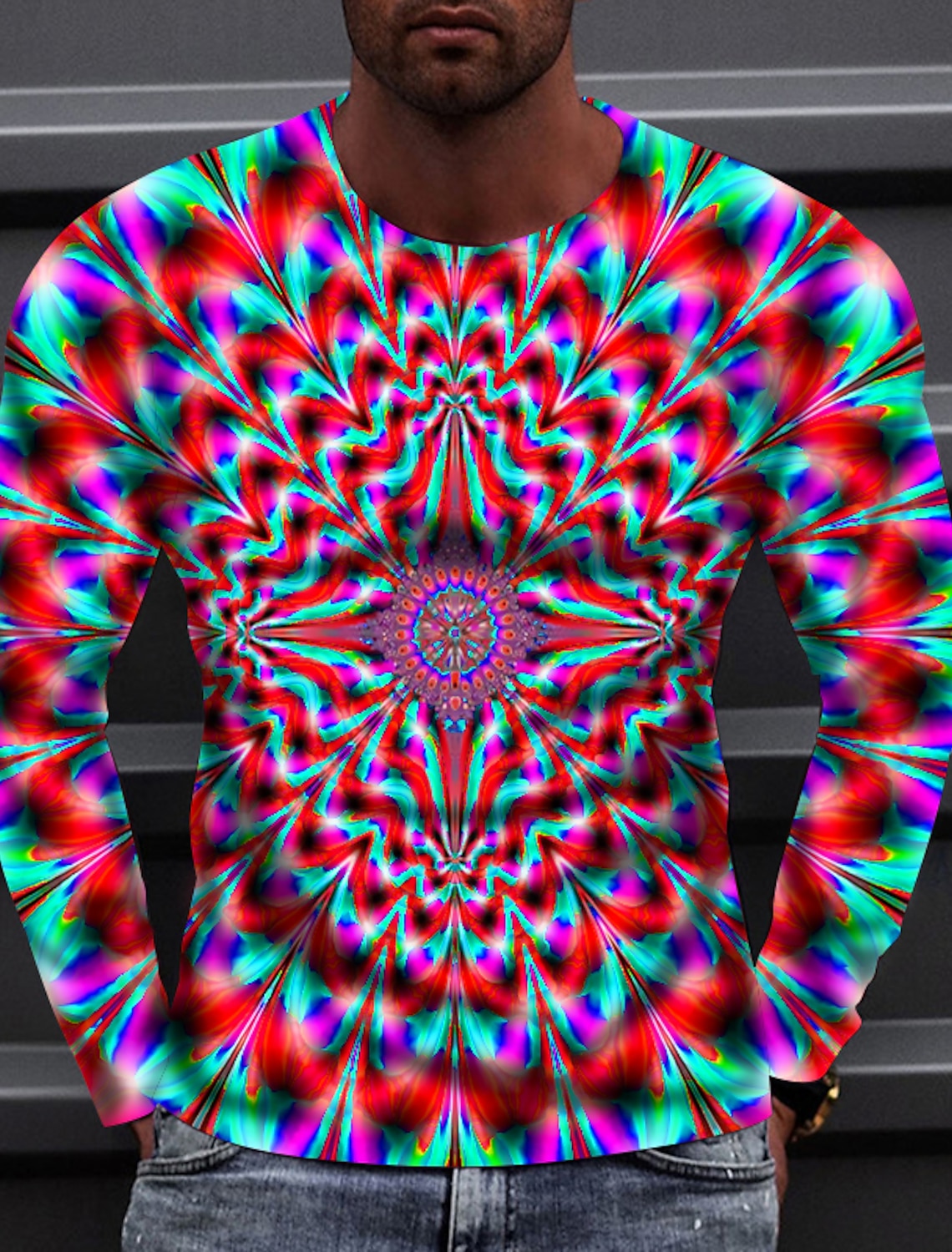 Men's Optical Illusion T Shirt Long Sleeve T shirt 3D Print Crew Neck Shirt Sports Fashion Sportswear Outdoor Vacation Street Red Blue Green Fall Clothing Apparel S M L XL XXL XXXL 4XL