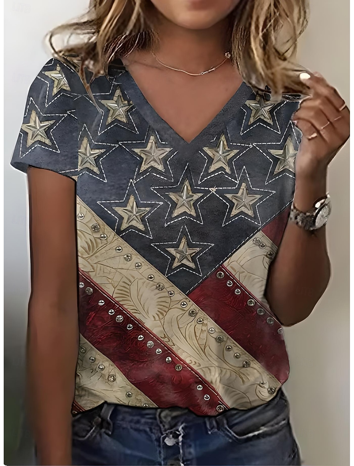 Independence Day Patriotic Women's T Shirt Graphic Flag Vintage Stylish Classic Short Sleeve V Neck Regular Tops Daily Print White Summer Spring