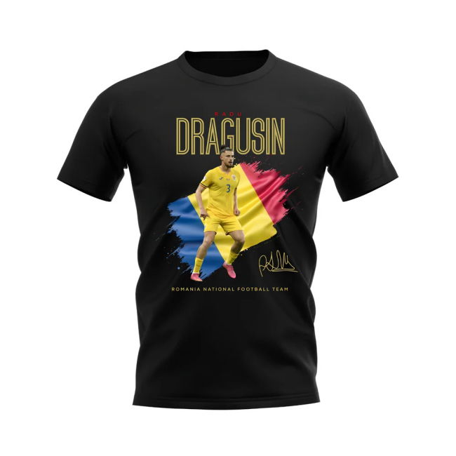 Radu Dragusin Flag And Player Romania T-Shirt (Black) Performance